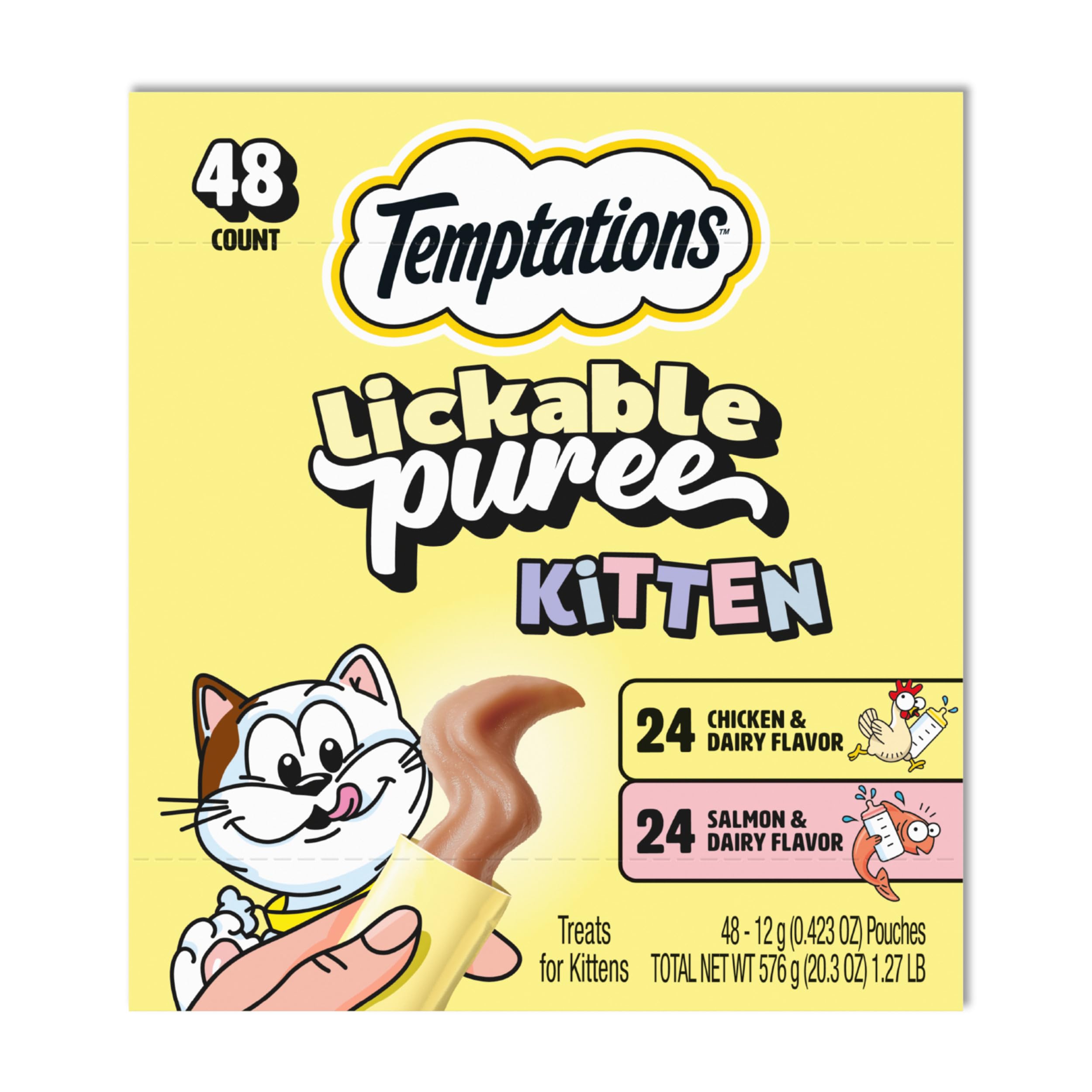 Temptations Puree Kitten Treats Chicken and Dairy pouch, creamy indulgence for mealtime