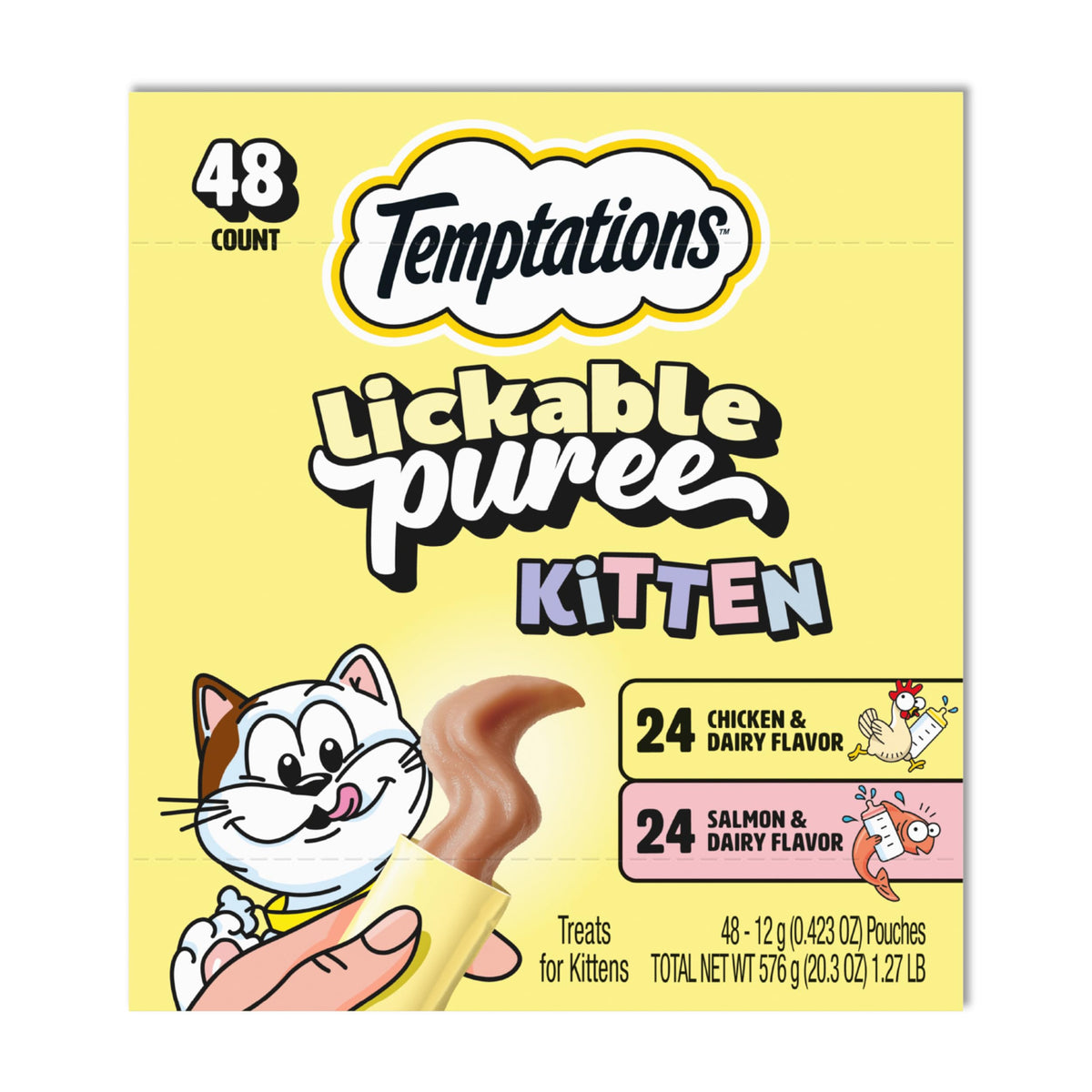 Temptations Puree Kitten Treats Chicken and Dairy pouch, creamy indulgence for mealtime