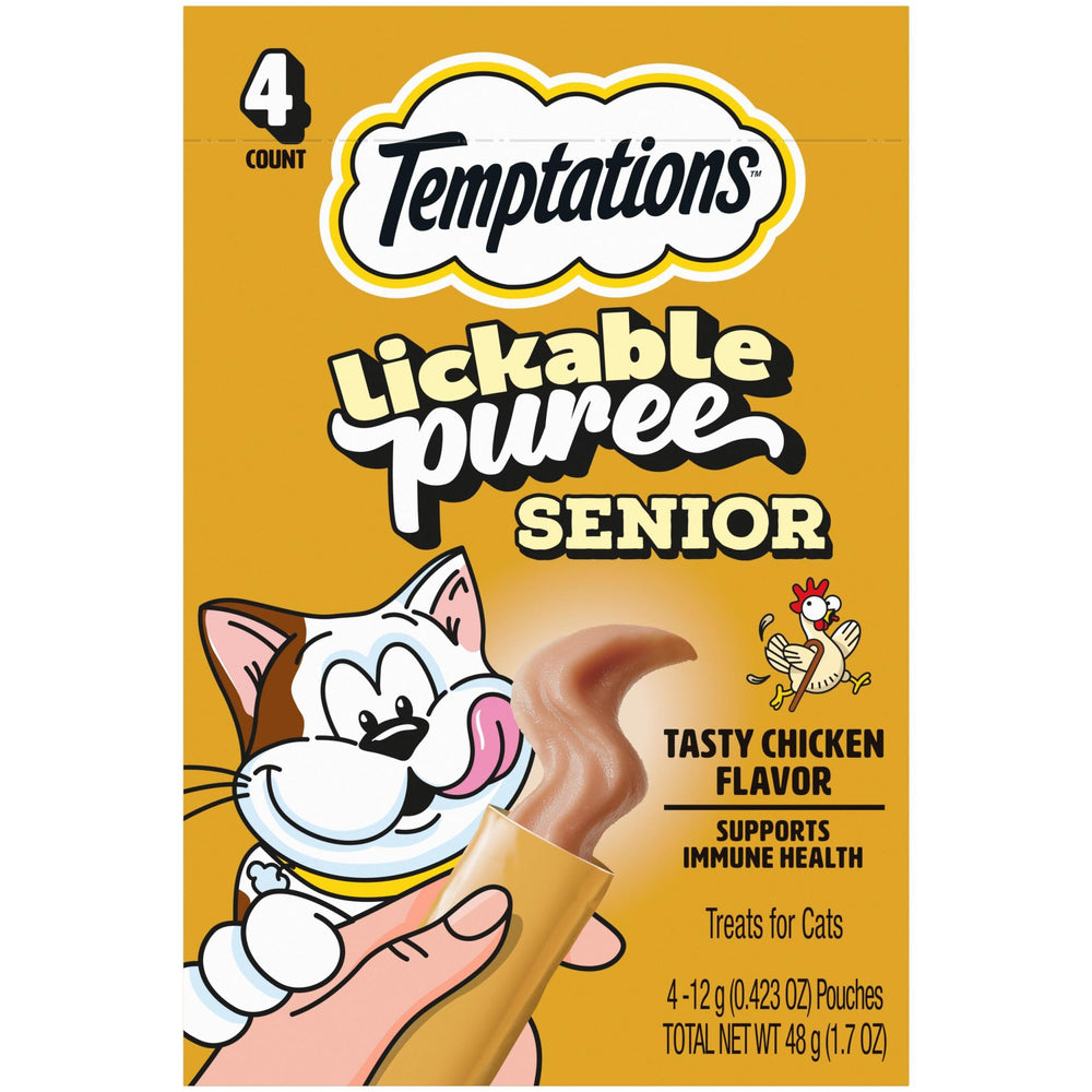 Temptations Puree Senior Cat Treats: creamy chicken texture in a squeeze pouch for easy serving