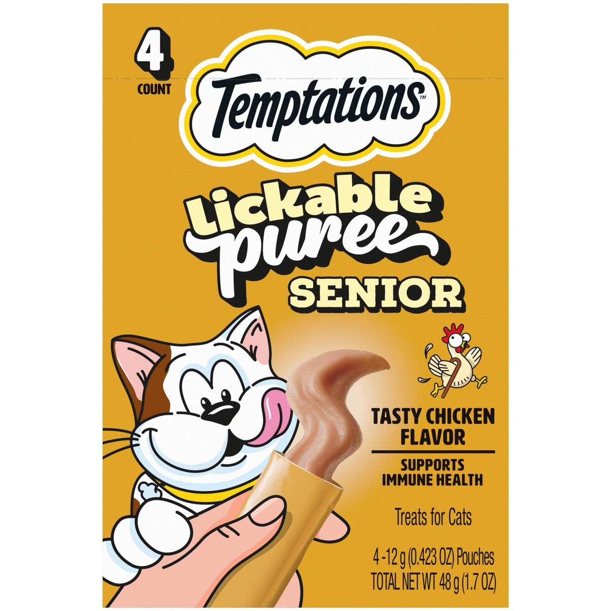 Temptations Puree Senior Cat Treats: creamy chicken texture in a squeeze pouch for easy serving