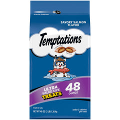 Temptations salmon dual-texture treats in a bag, irresistible crunch and soft center.