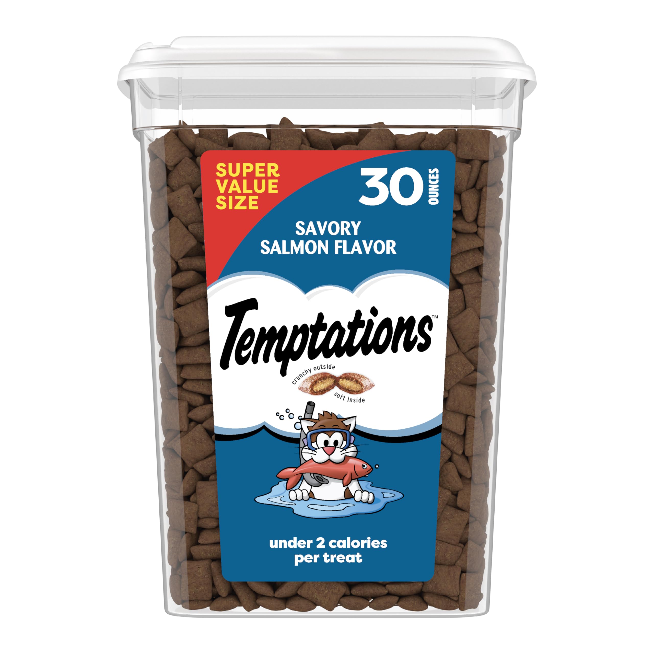 Temptations salmon cat treats tub front showing dual-texture appeal