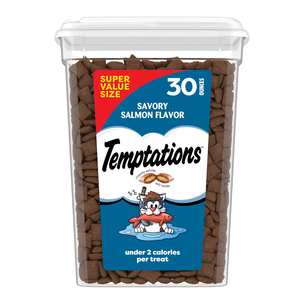 Temptations salmon cat treats tub front showing dual-texture appeal