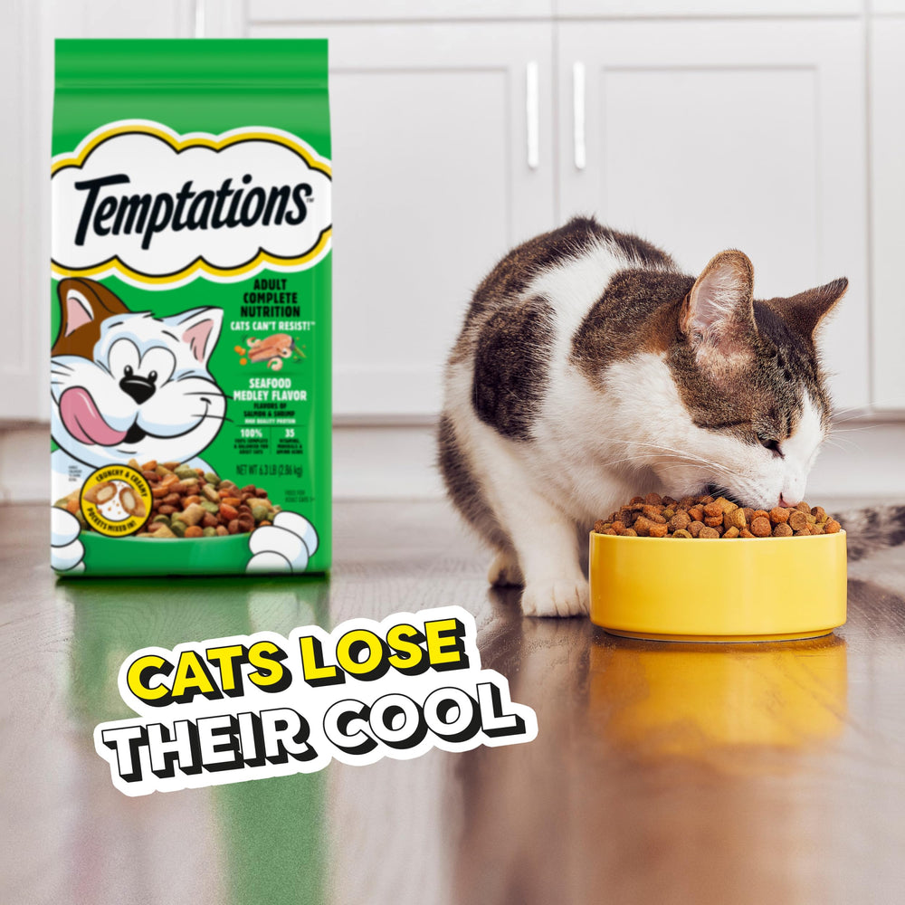 Temptations Seafood Medley closeup-kibble emphasizes high-quality protein