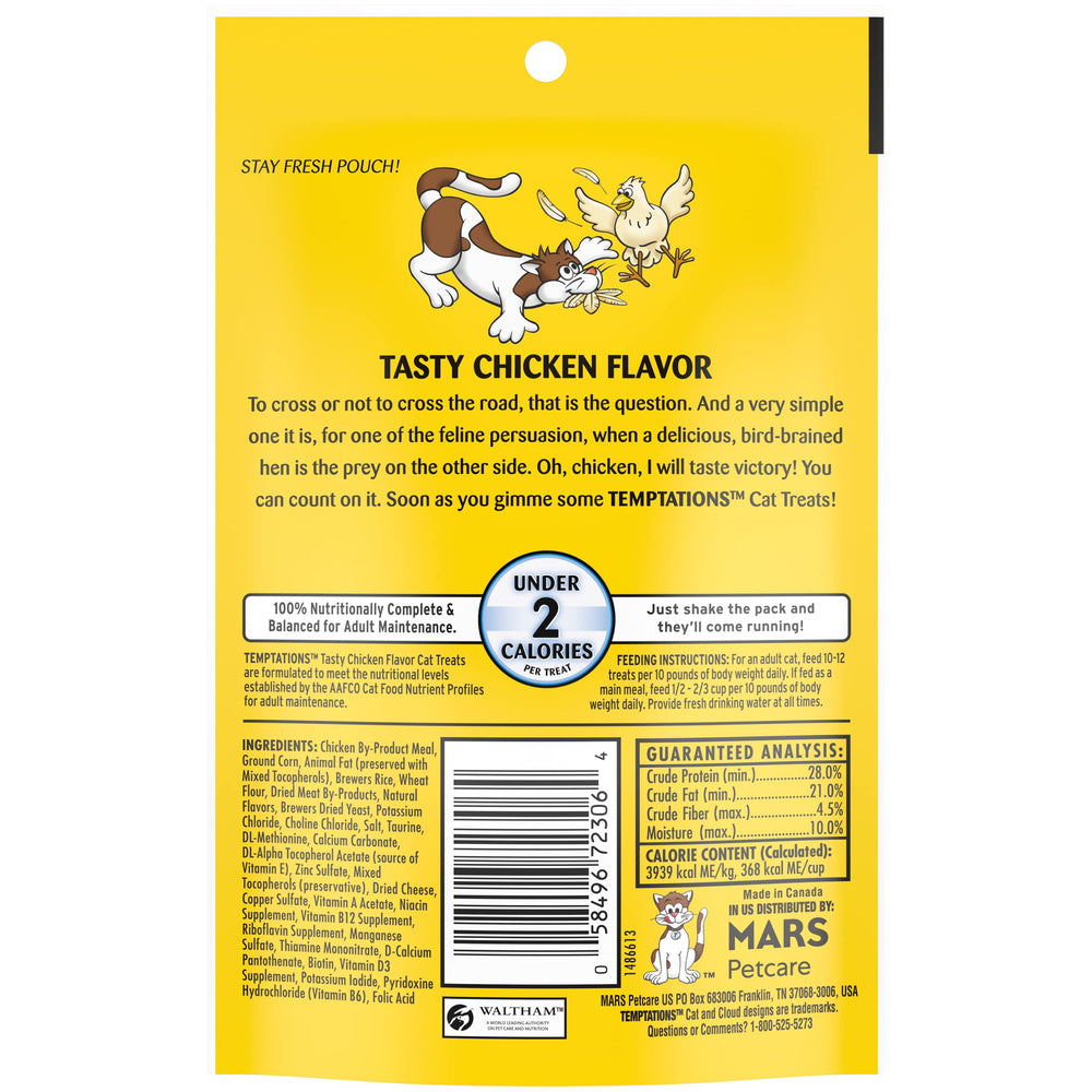 Close-up of Temptations stay-fresh pouch preserving treats.