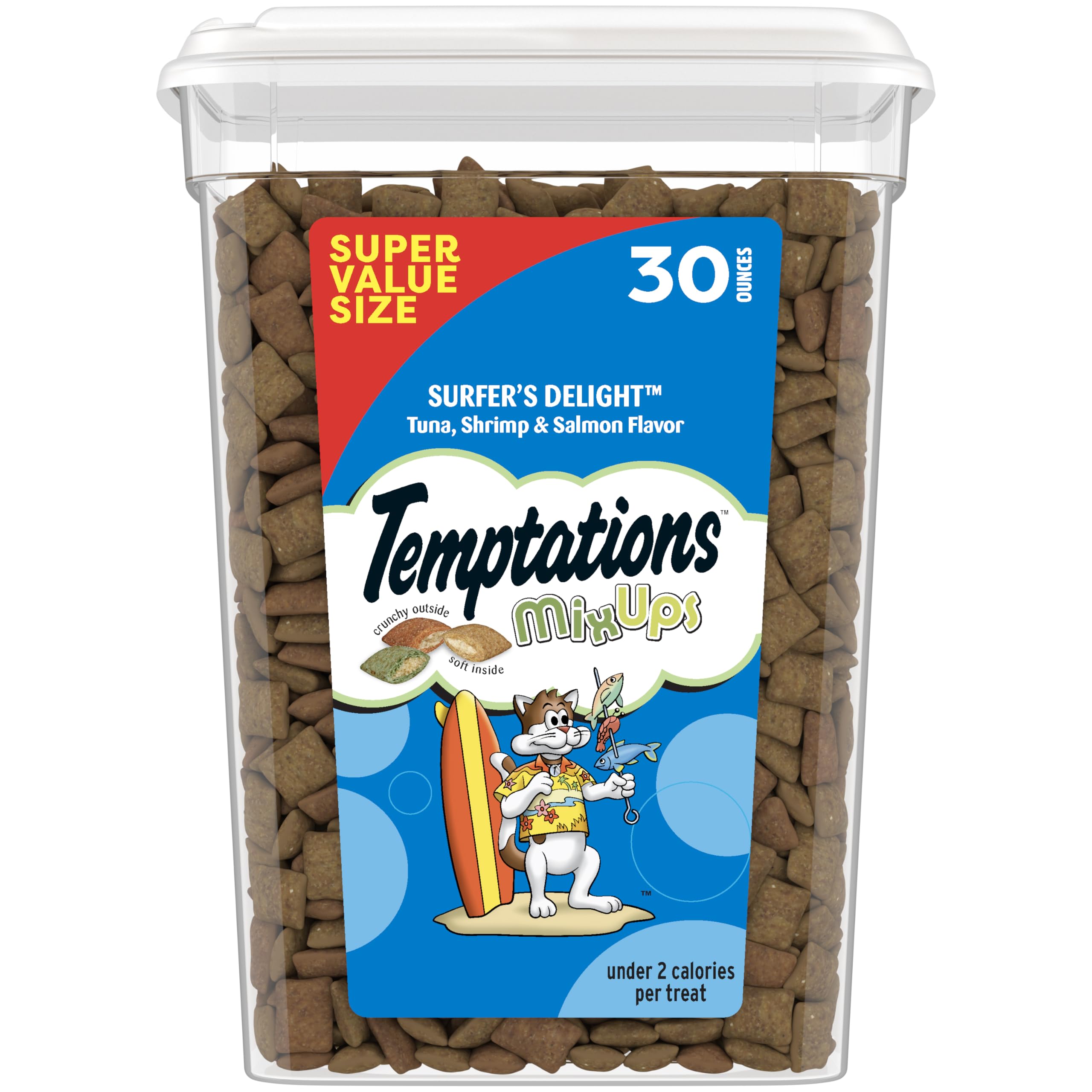 Temptations Surfer's Delight tuna treats in a tub entice cats with a savory bite.