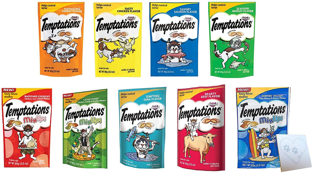 Temptations variety pack collection showing nine flavors for feline snacking variety