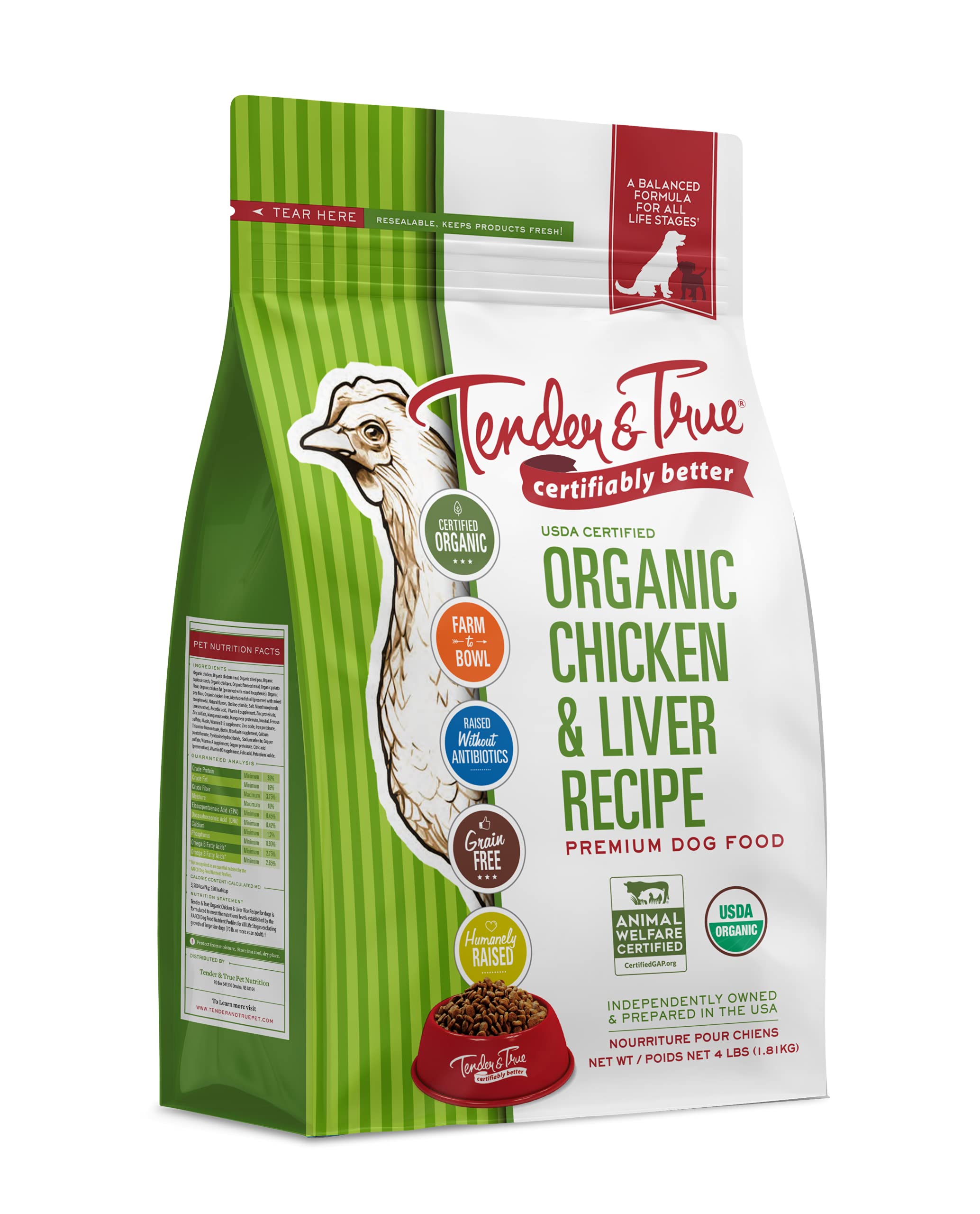 Tender & True bag with organic chicken kibble for dogs