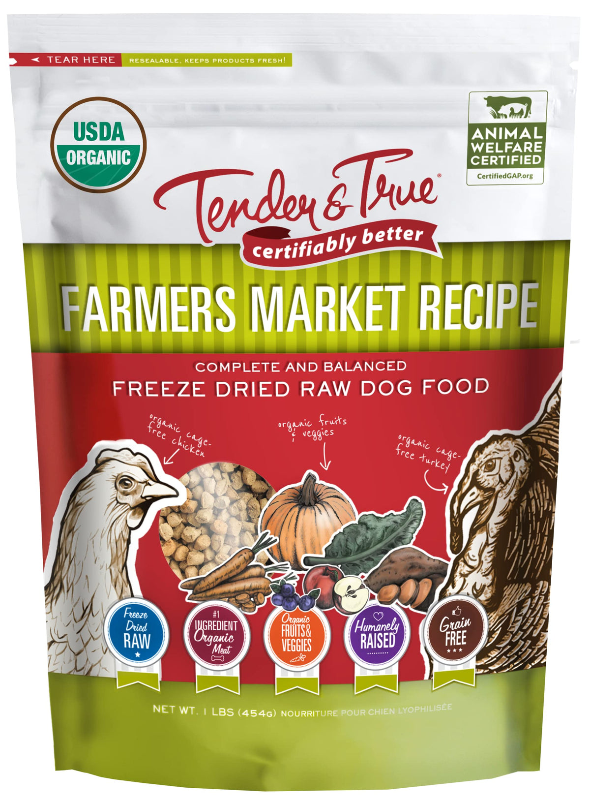 Tender & True Farmers Market freeze-dried dog food front packaging highlights organic ingredients