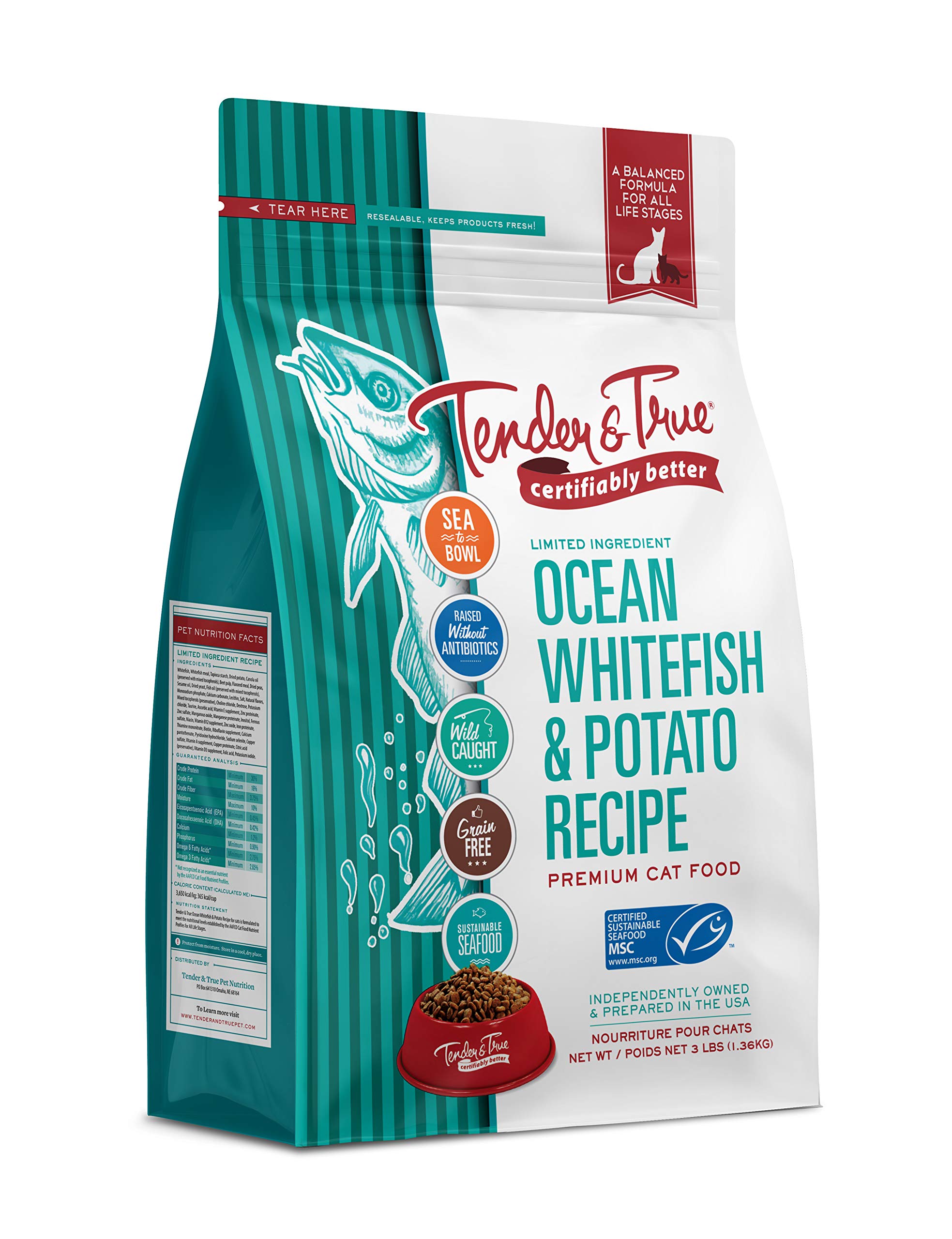 Tender & True Ocean Whitefish and Potato cat food in a 3lb bag showing the main protein