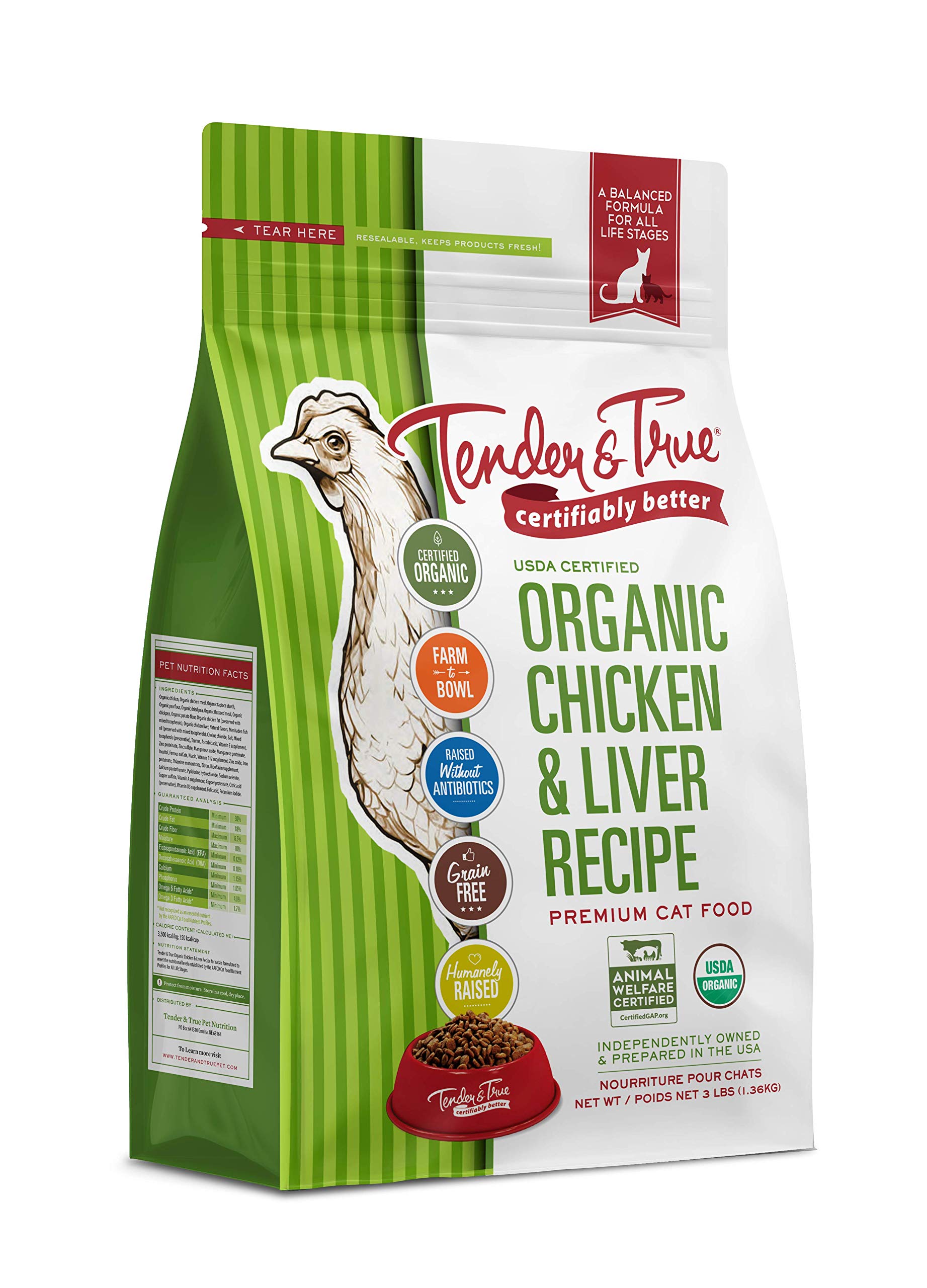 Tender & True organic chicken & liver cat food bag front highlighting cage-free protein
