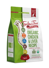 Tender & True organic chicken & liver cat food bag front highlighting cage-free protein