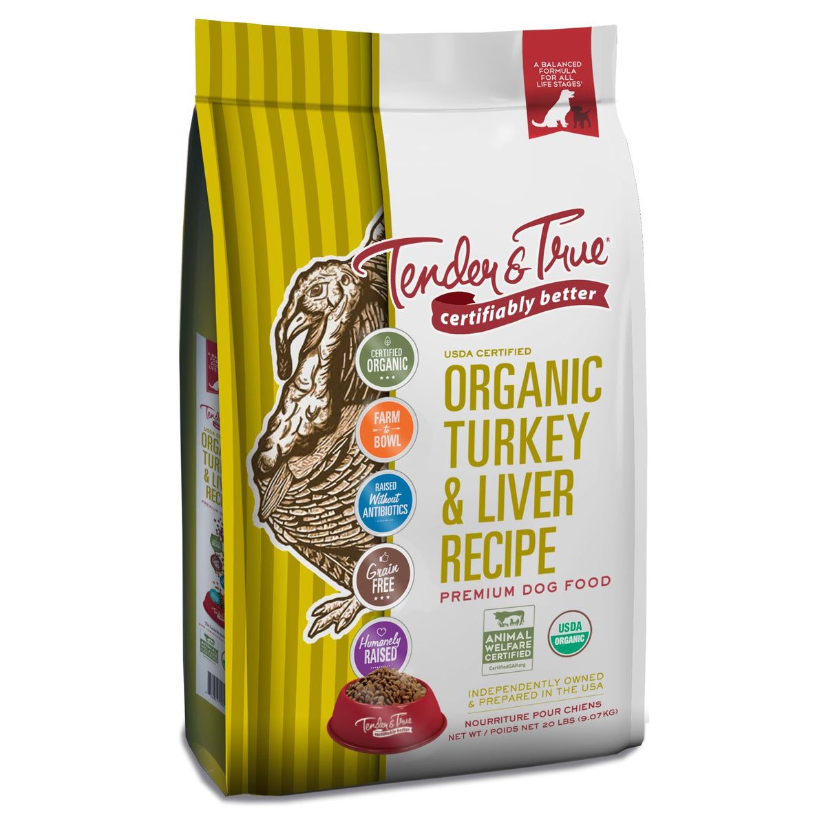 Tender & True organic turkey and liver dog food bag highlights premium organic ingredients.