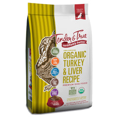Tender & True organic turkey and liver dog food bag highlights premium organic ingredients.