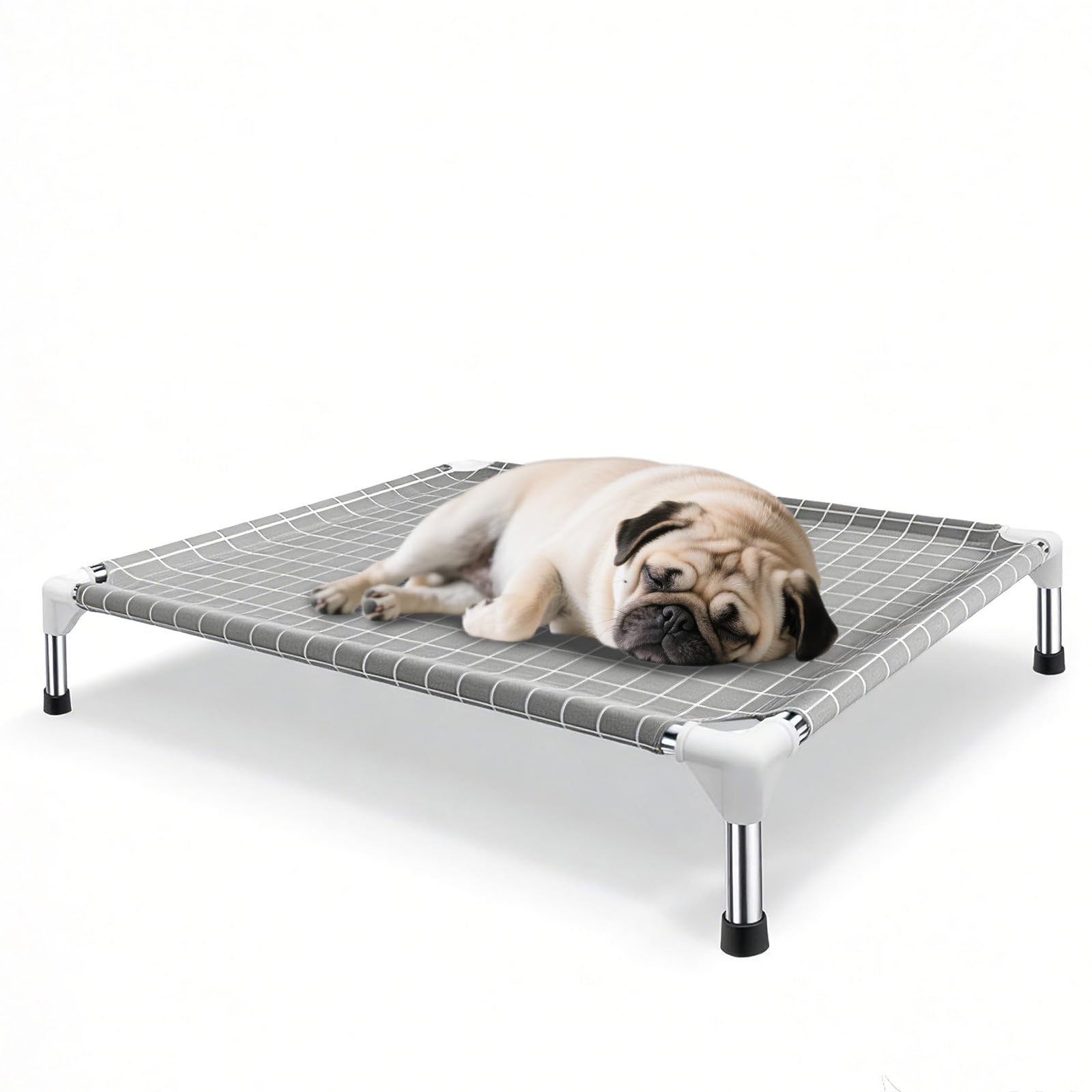 Tensorsine elevated dog bed with stainless steel frame offers safe, paint-free lounging.