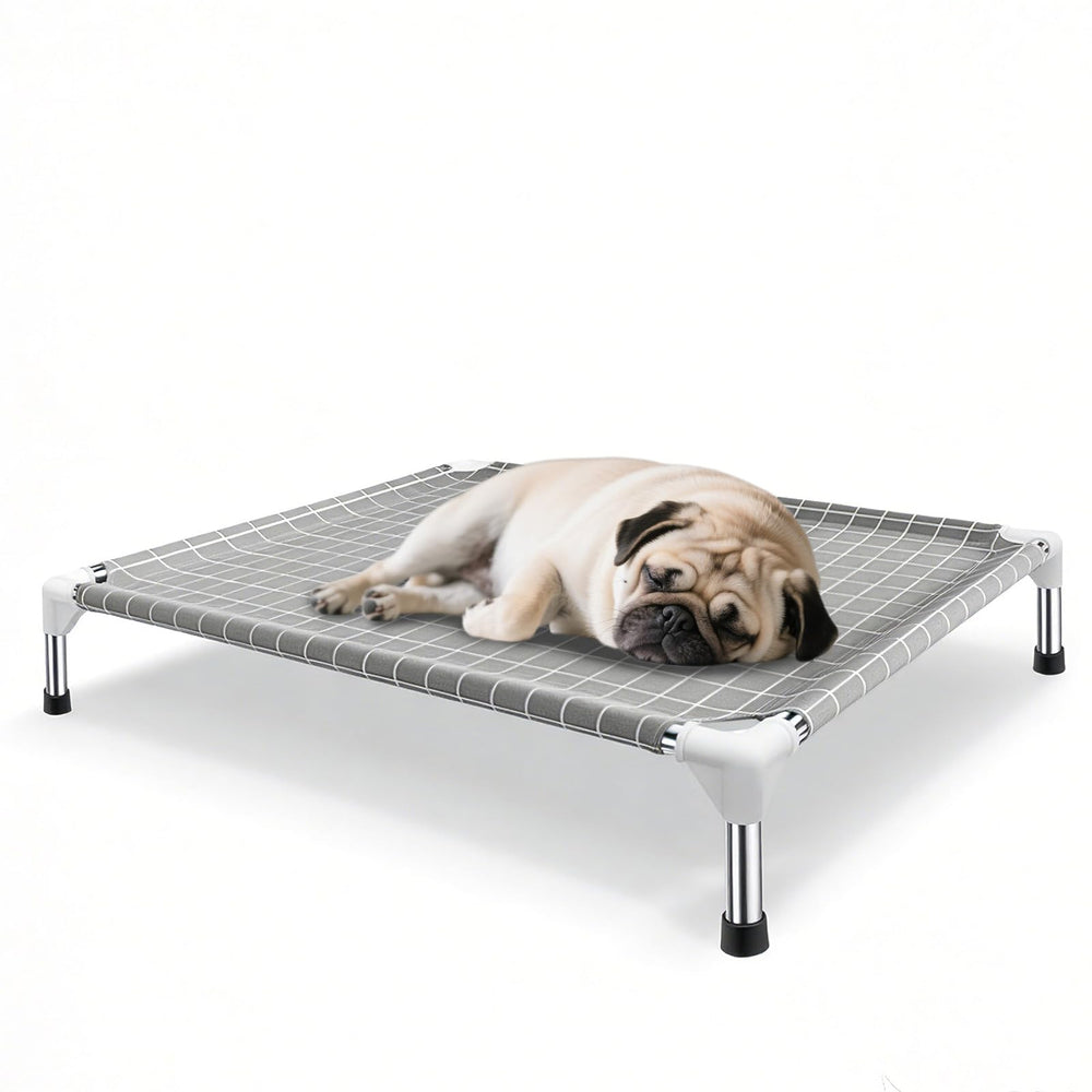 Tensorsine elevated dog bed with stainless steel frame offers safe, paint-free lounging.