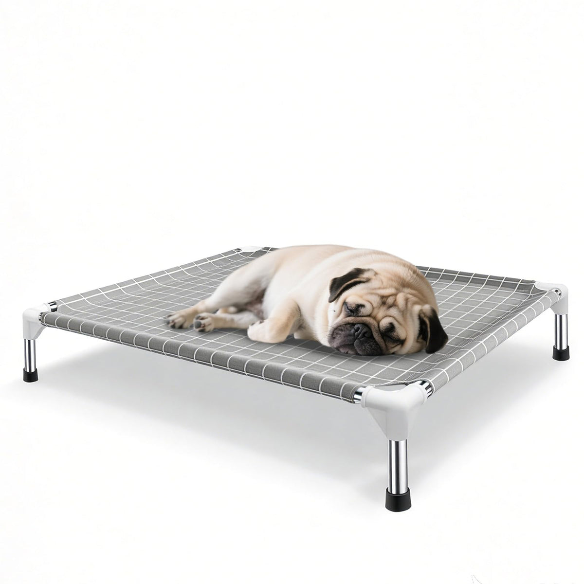 Tensorsine elevated dog bed with stainless steel frame offers safe, paint-free lounging.