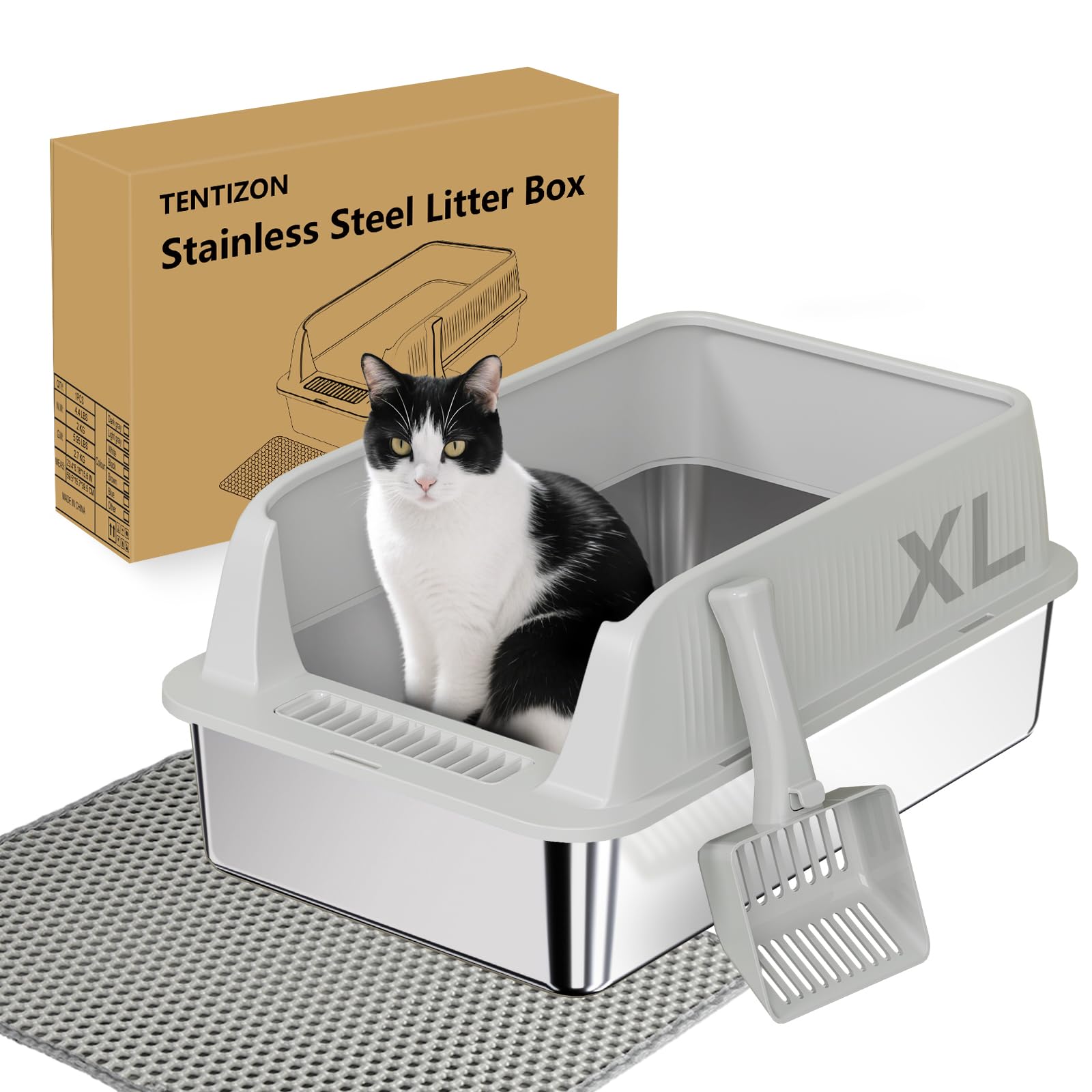 TTT TENTIZON large stainless steel litter box with open top for big cats.
