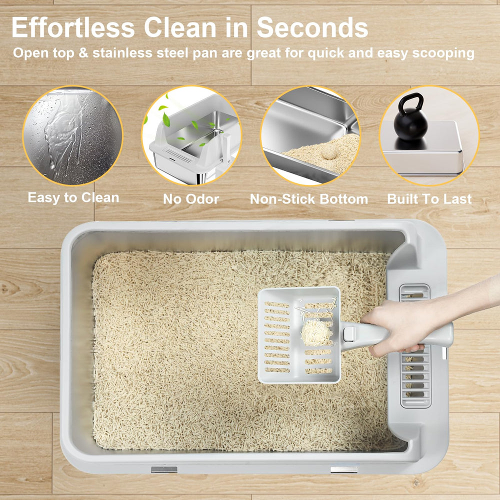 Tentizon stainless steel litter tray with dual-layer mat catches paw litter.