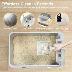 Tentizon stainless steel litter tray with dual-layer mat catches paw litter.
