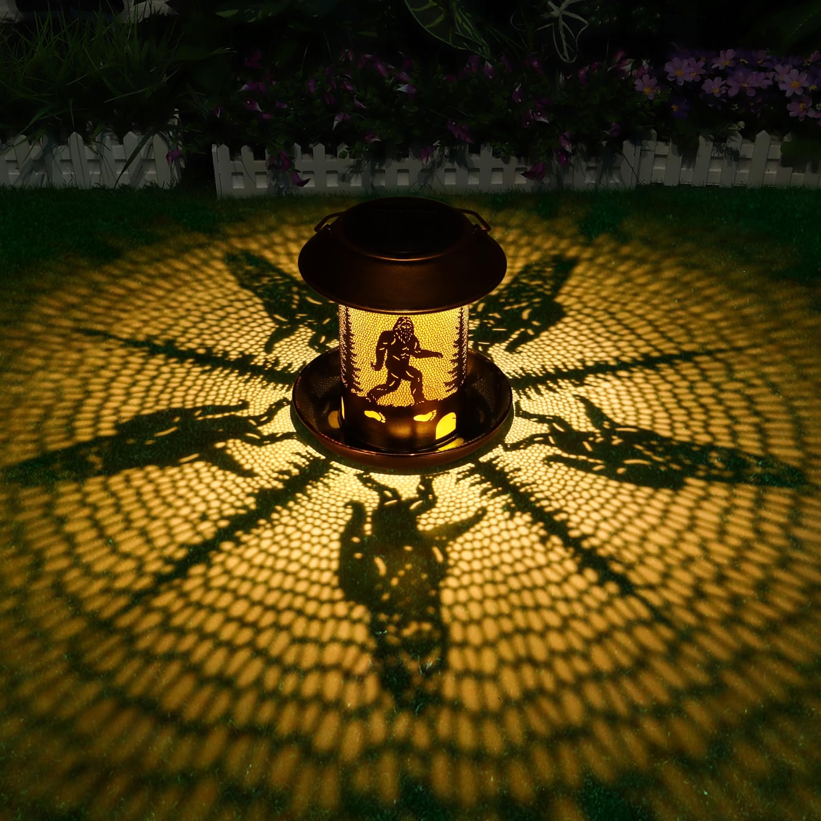 Tepaken bigfoot garden decor lantern hanging from a tree provides decorative lighting and bird-viewing.