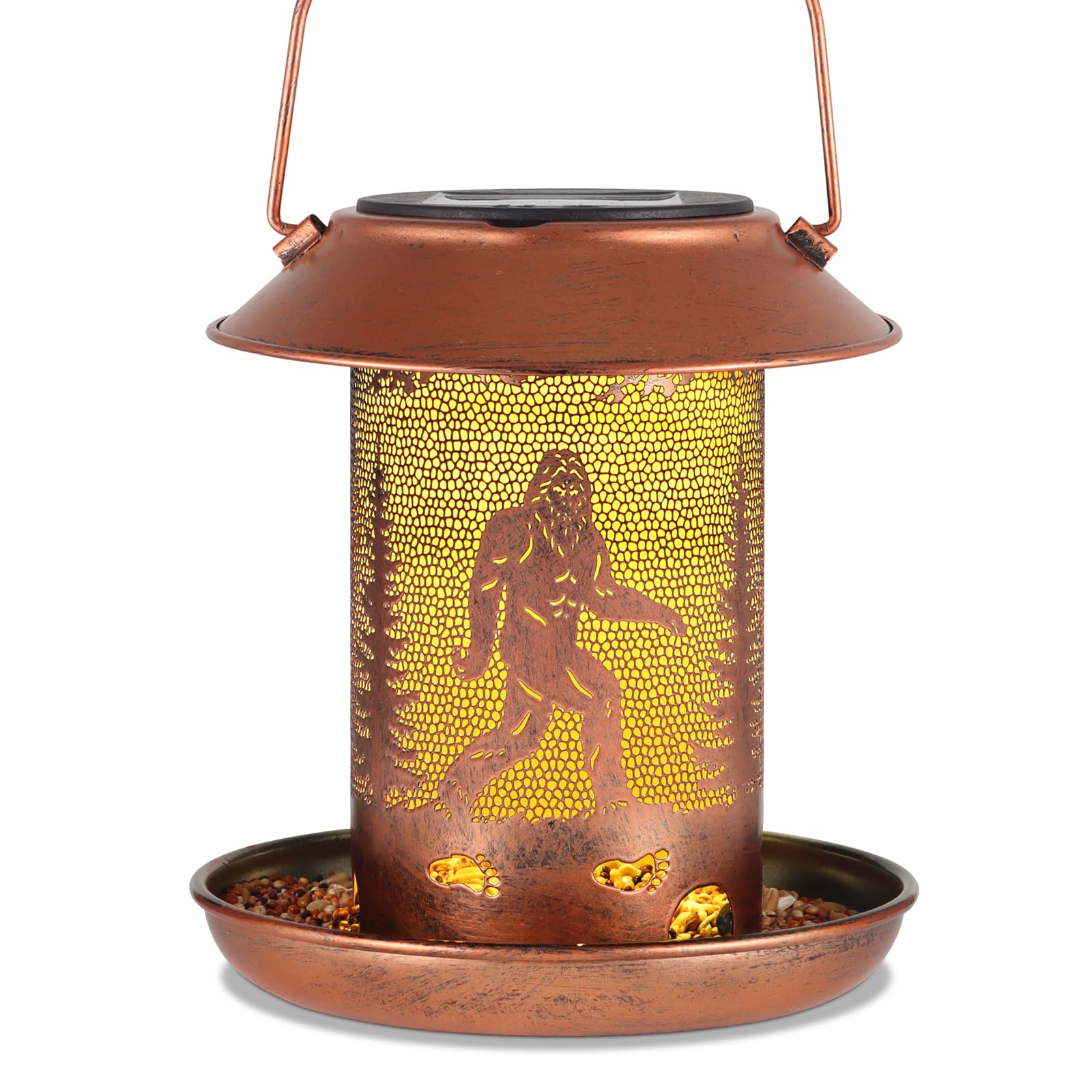 Tepaken bird feeder sasquatch lantern on the ground invites birds and adds whimsical garden charm.