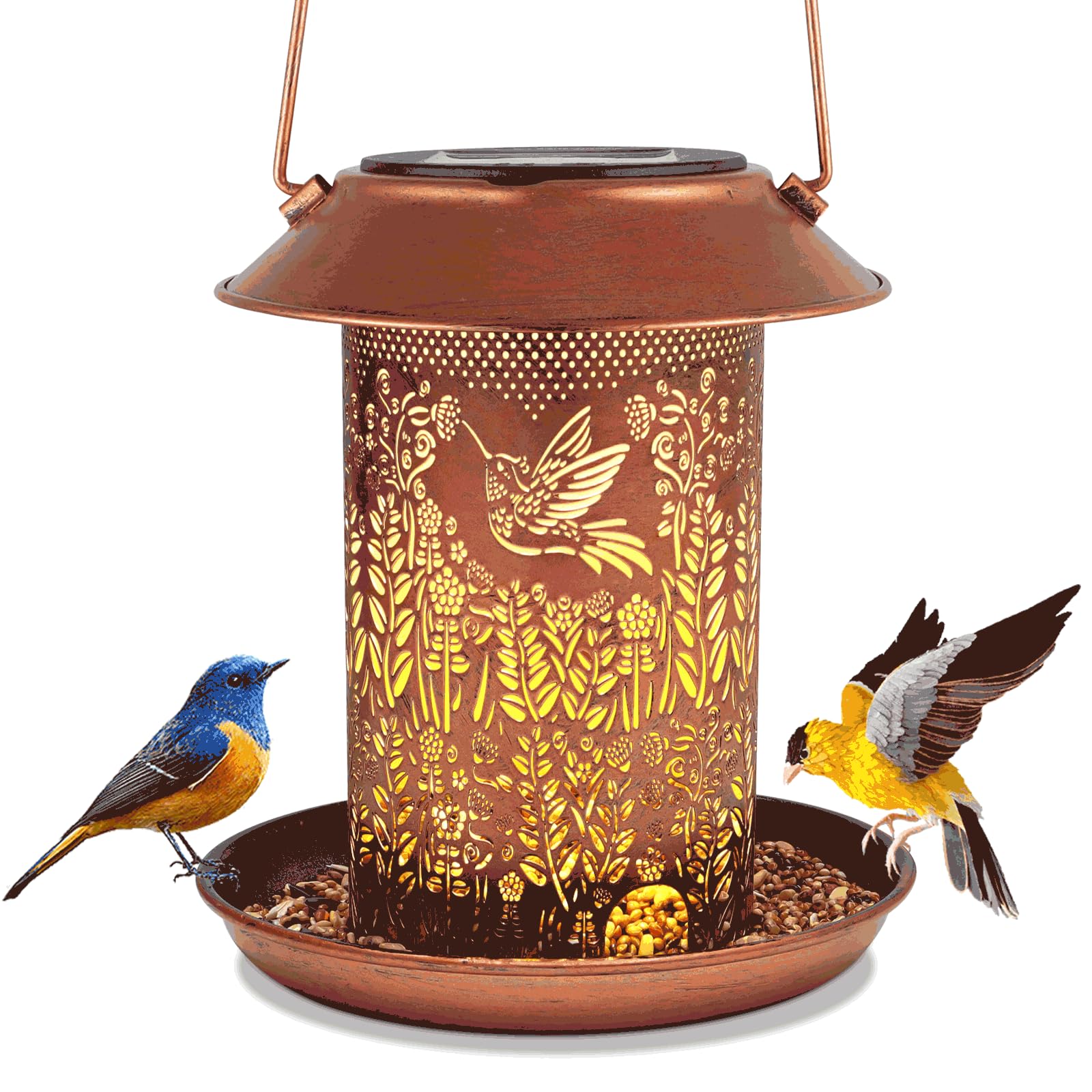Tepaken outdoor bird feeder solar lantern in copper finish lights up gardens at night.