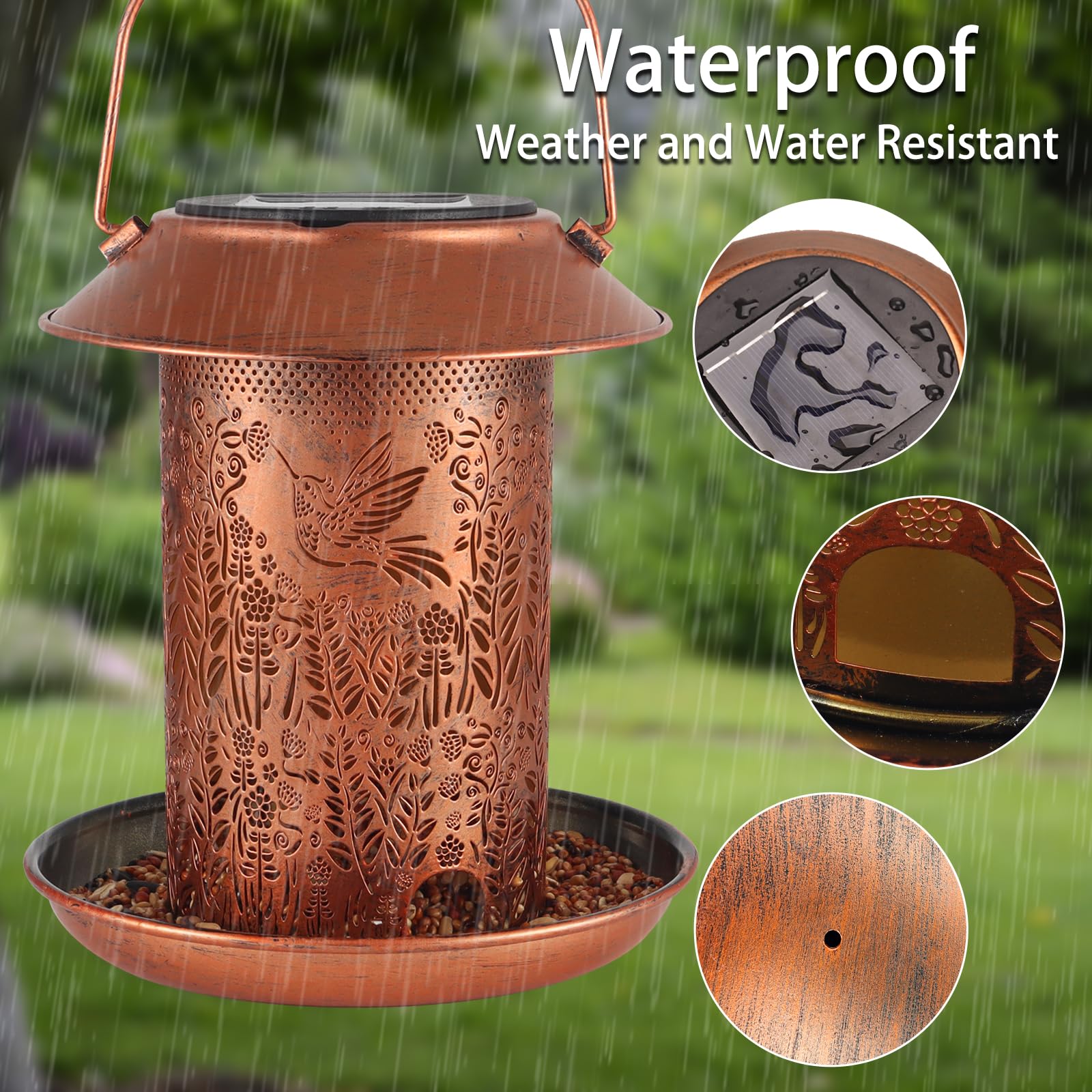 Tepaken metal bird feeder withstands rain with IP45 waterproof coating for year-round use.