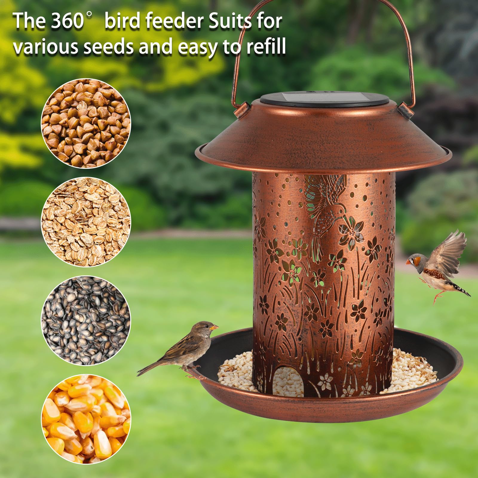 Tepaken waterproof bird feeder lantern protects seed from rain.