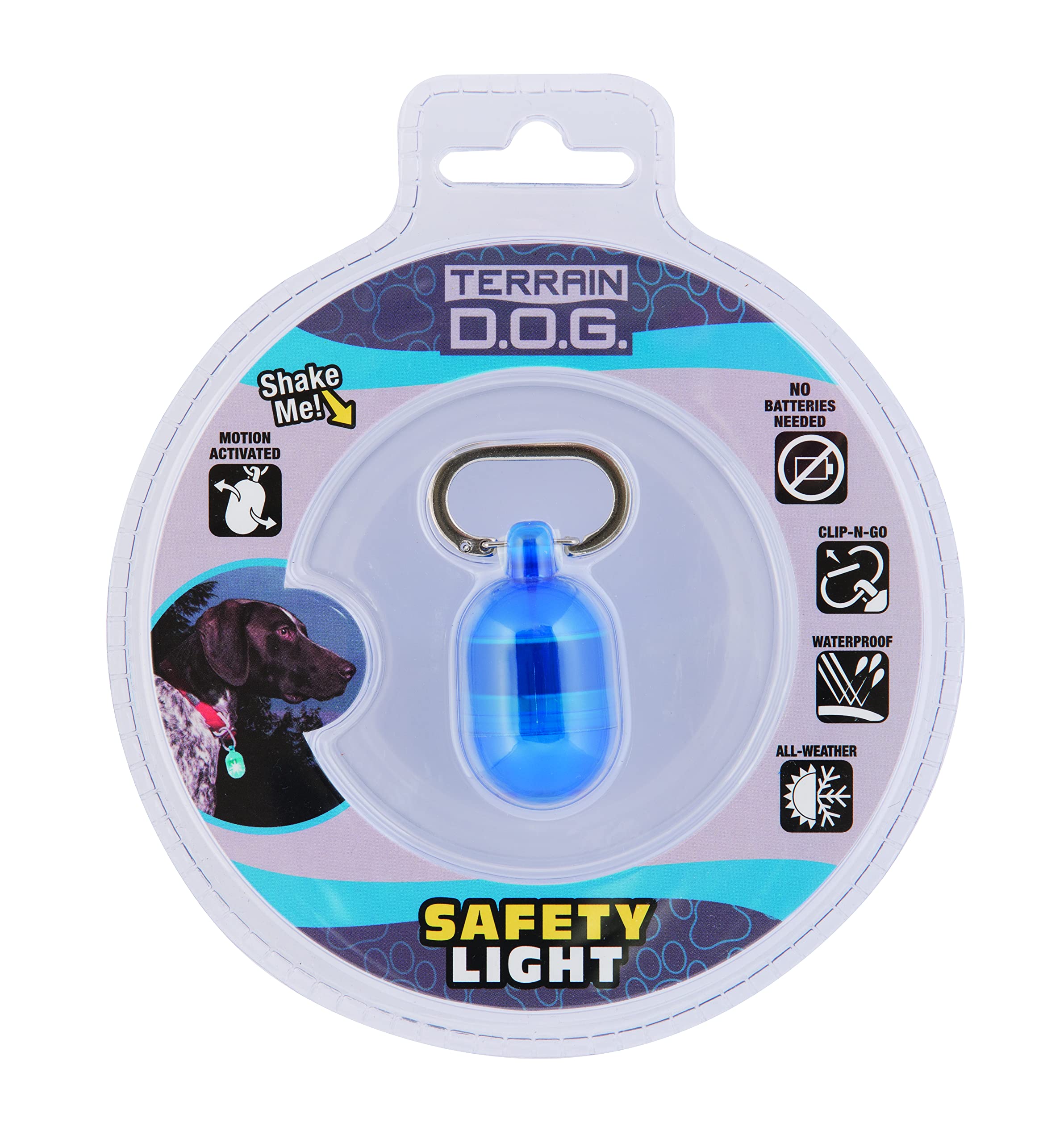 Terrain D.O.G. light on dog collar clip-on for nighttime visibility.