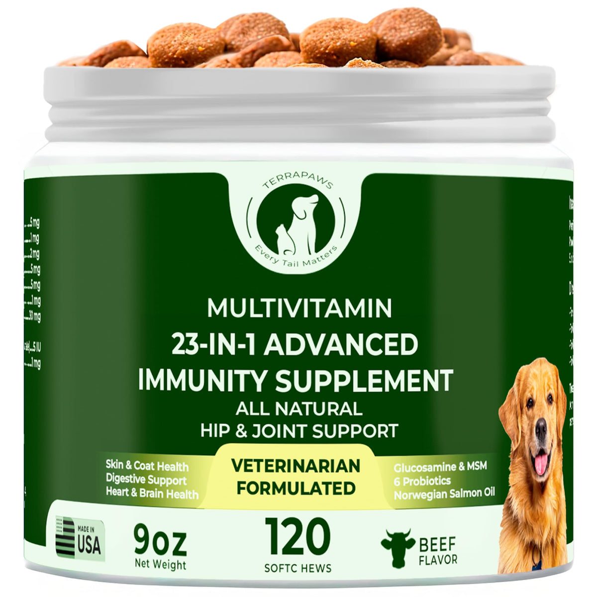 TERRAPAWS 23in1 multivitamin bottle highlights daily dog support for joints and wellness