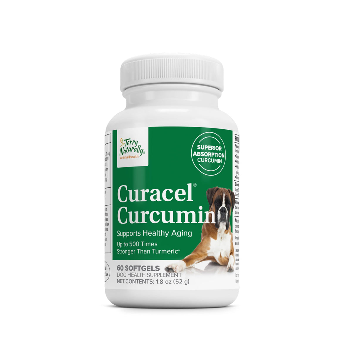 Terry Naturally Curacel Curcumin dog softgels bottle for daily cellular support.