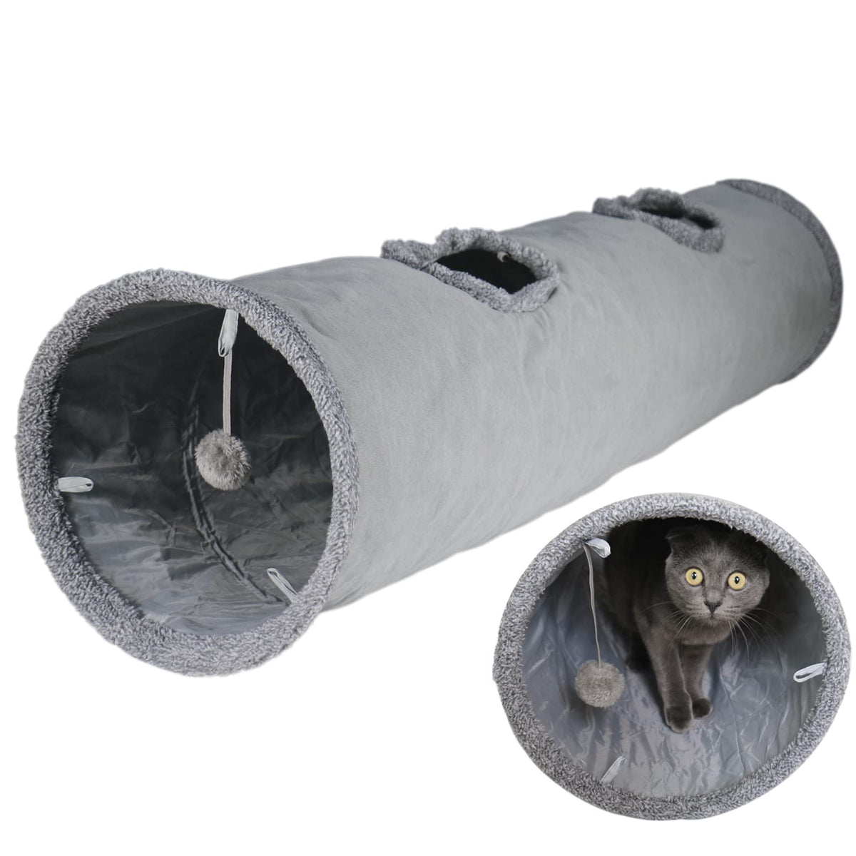 Terunat Cat Tunnel 51x12 inches in grey suede, sturdy for indoor play.