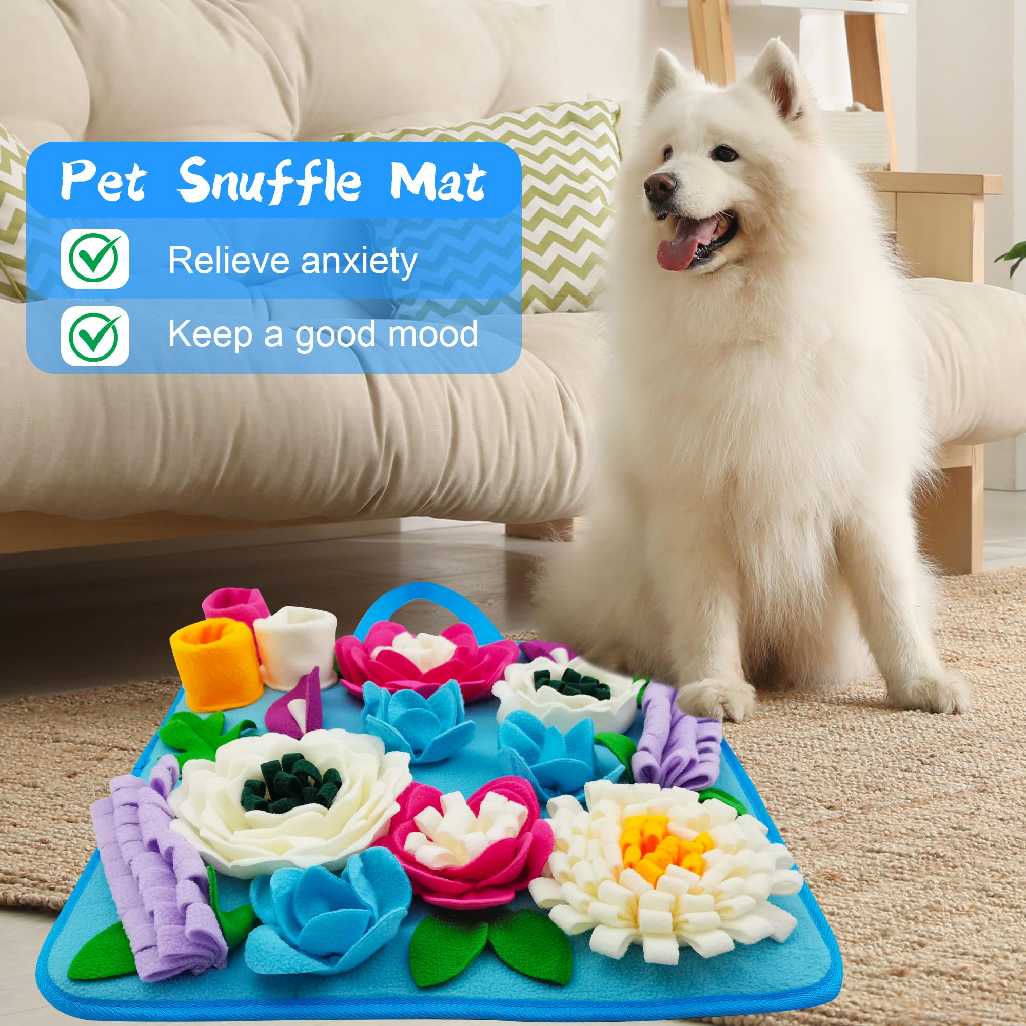 Tesitehi Snuffle Mat expanded size 15.4 by 15.4 inches for larger play area.