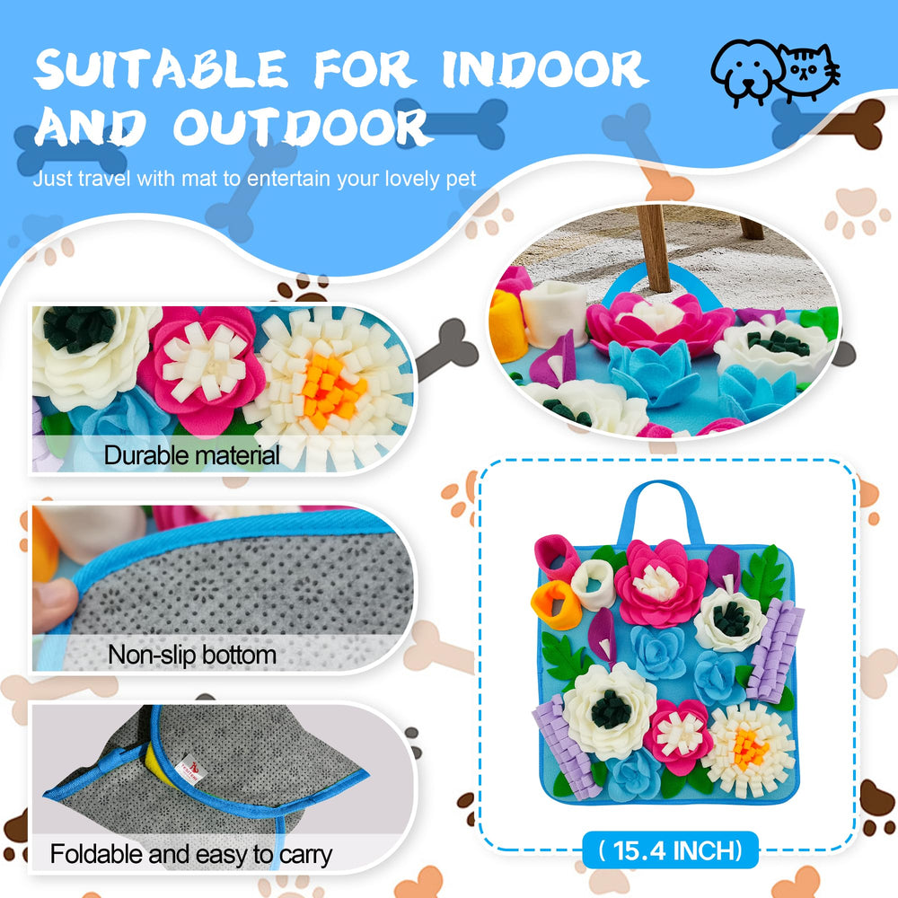 Tesitehi Snuffle Mat with flower design hides treats to engage scent and reduce fast eating.