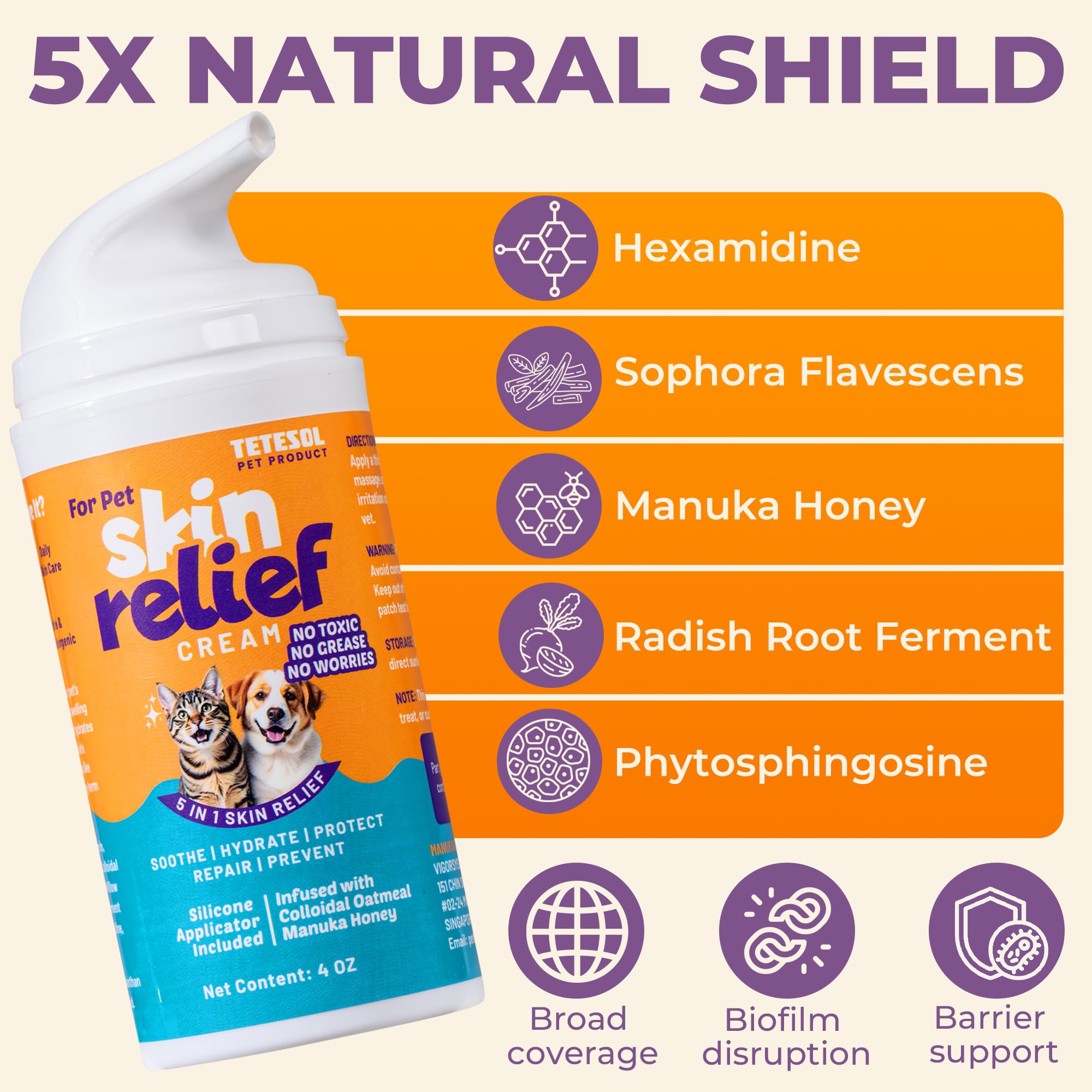 Tetesol Natural ingredients label close-up under natural light highlighting sensitive-skin friendly formula.