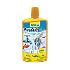 Tetra AquaSafe Plus bottle pouring for easy water conditioning in aquariums