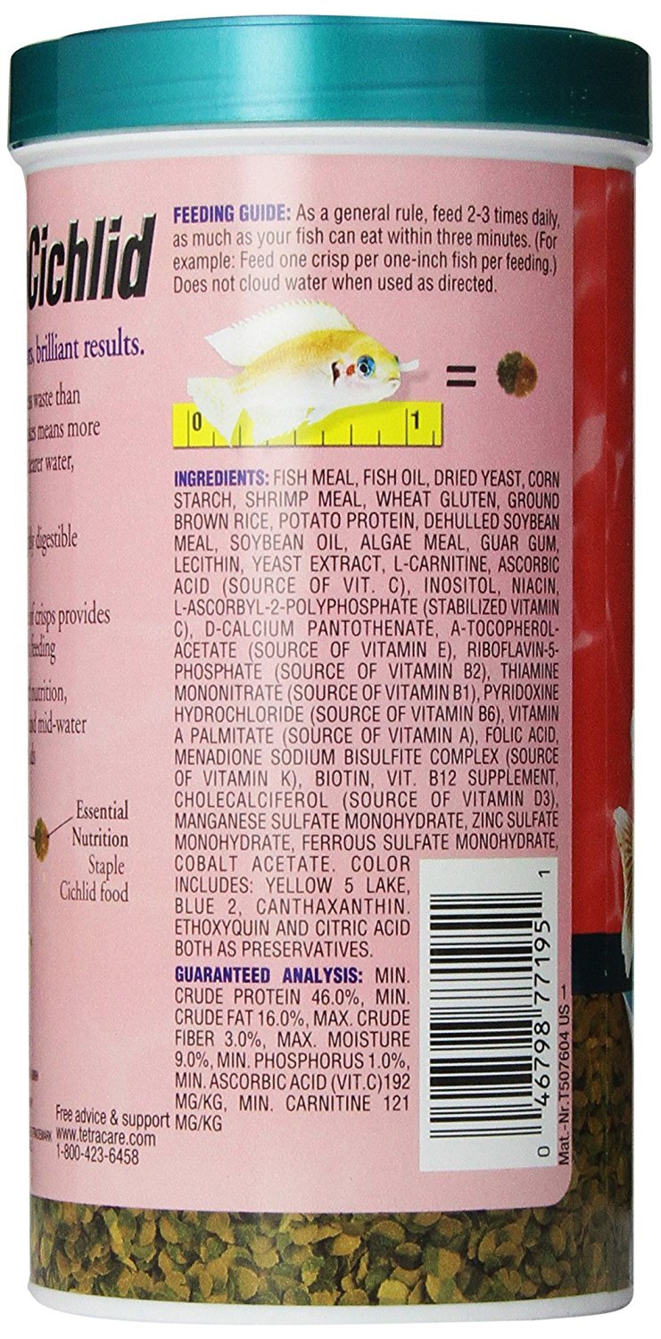 Tetra Cichlid Crisps half-green algae extract and half-beige staple for natural feeding