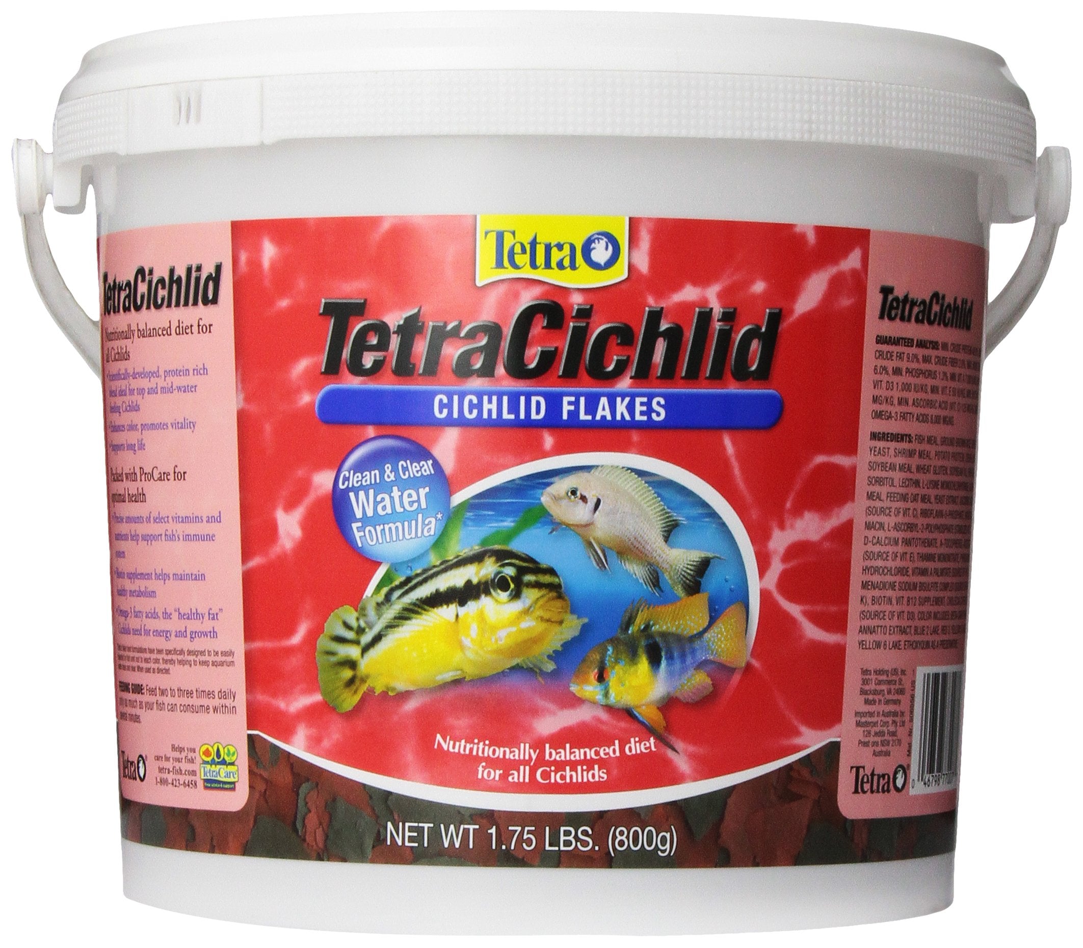TetraCichlid flakes bottle front showing nutritionally balanced fish food for color and vitality.