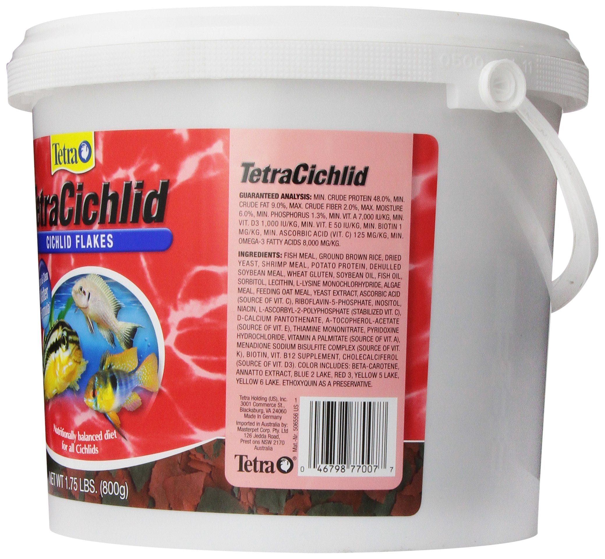 TetraCichlid flakes dispenser lid on select sizes enabling hands-free feeding.