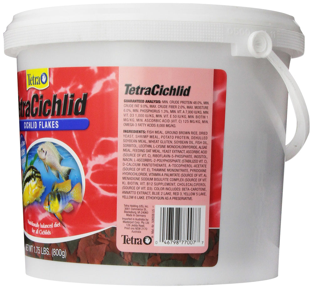 TetraCichlid flakes dispenser lid on select sizes enabling hands-free feeding.