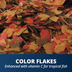 TetraColor Tropical Flakes jar being poured, illustrating easy feeding and minimal waste.