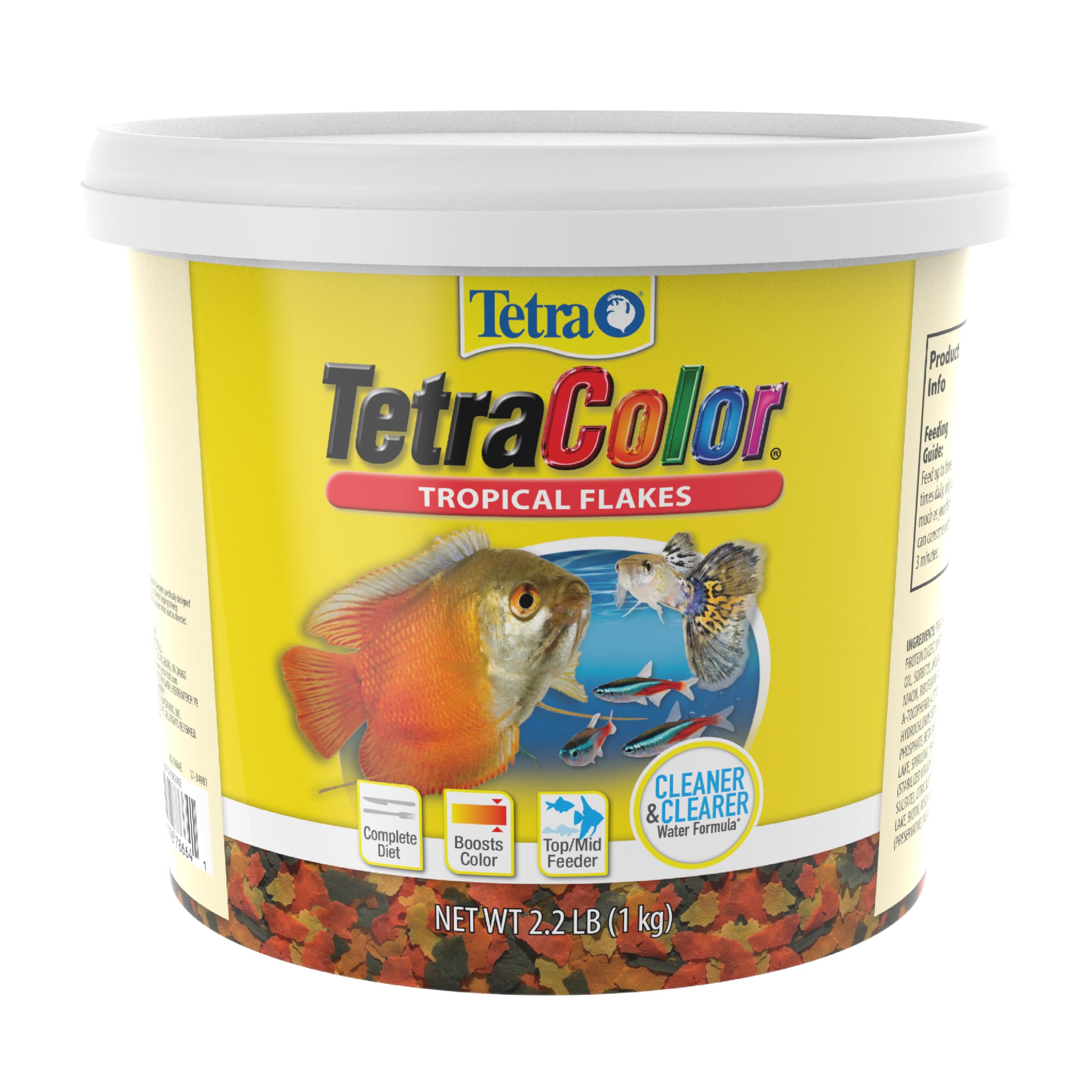 TetraColor Tropical Flakes packaging highlights a balanced diet for tropical fish.