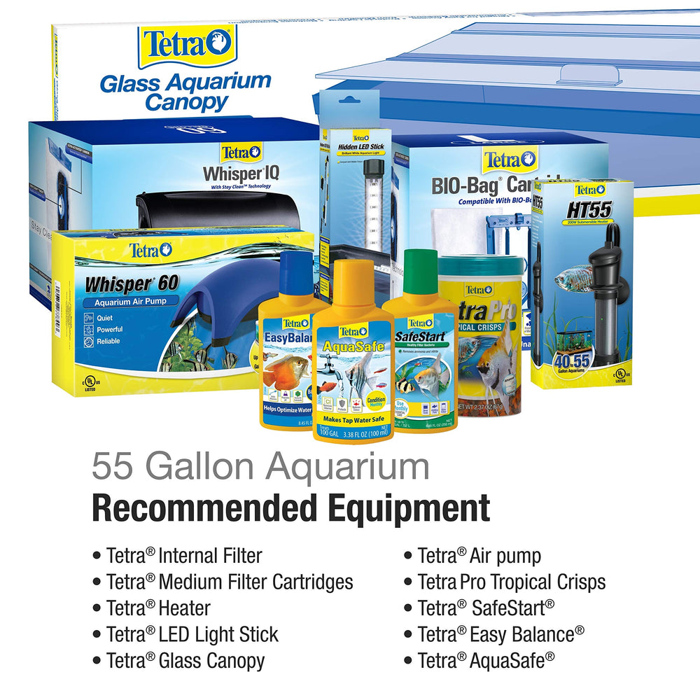Tetra glass aquarium 55-gallon compatibility with filters, lights, and care products.