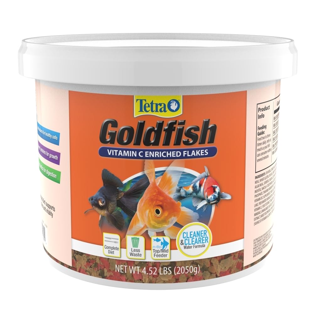 Tetra Goldfish Flakes packaging close-up highlighting vitamin C enrichment for color.