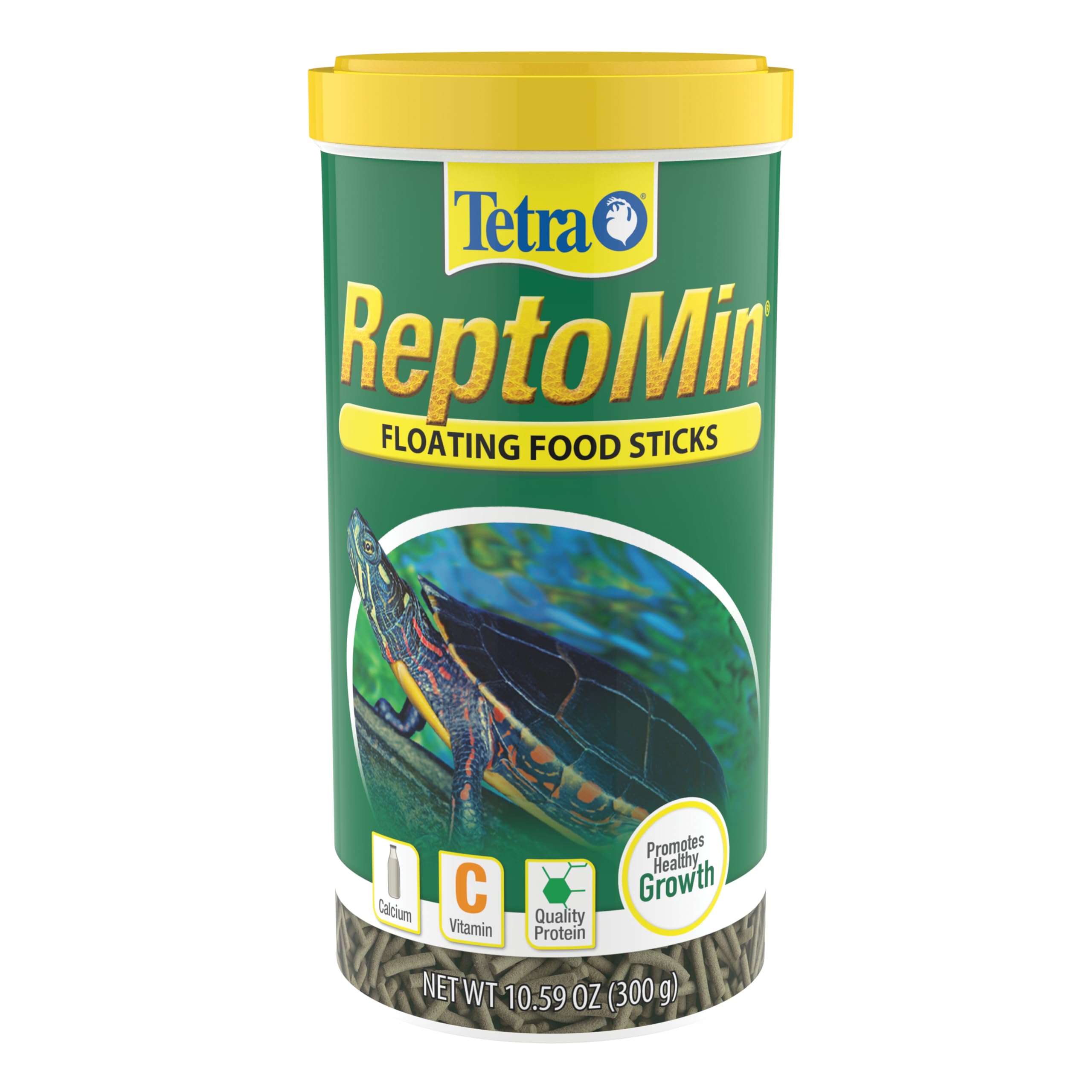 Tetra ReptoMin floating food sticks being poured from the bottle for convenient feeding.
