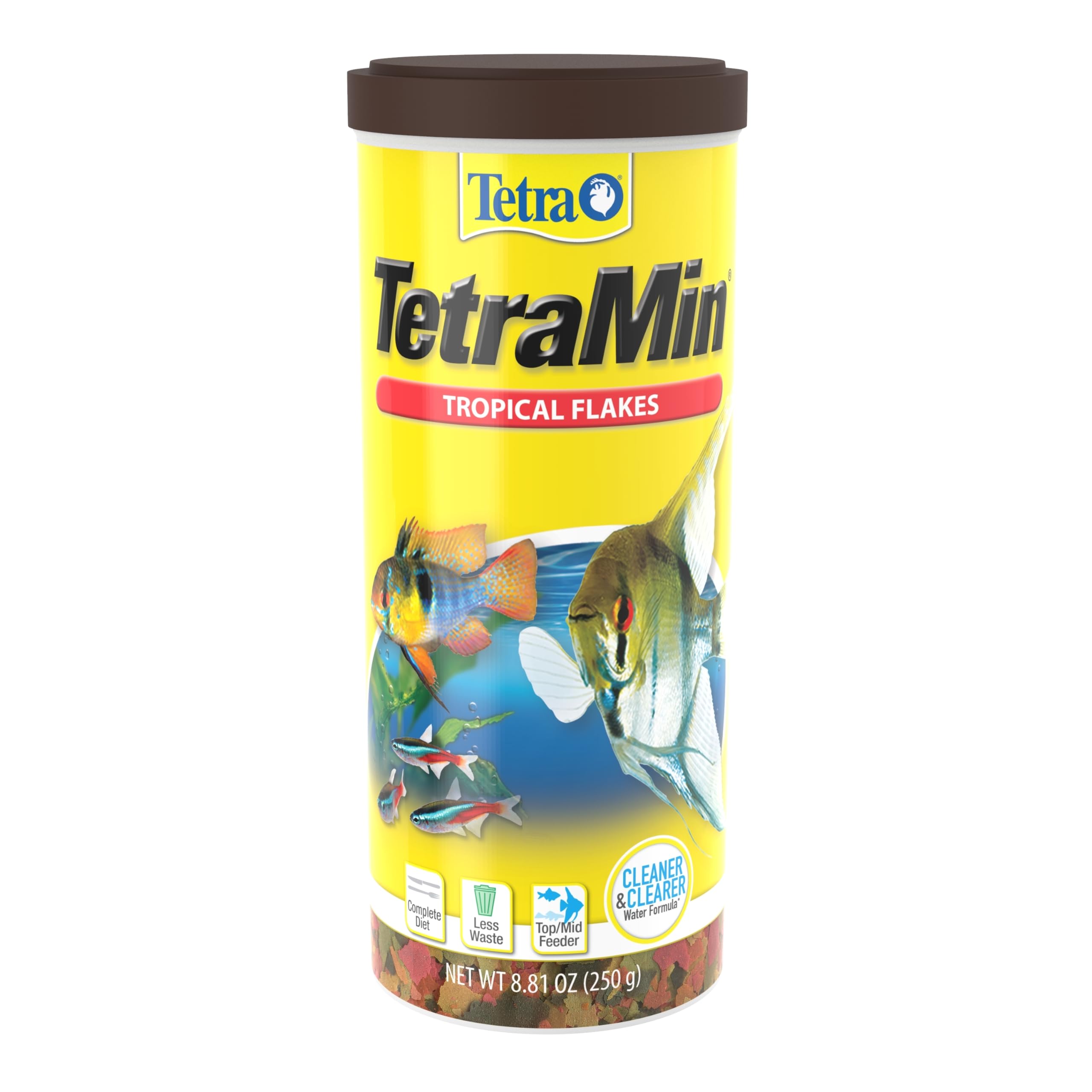 TetraMin Tropical Flakes packaging close-up showing balanced nutrition for tropical fish