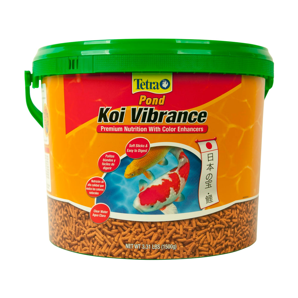 TetraPond Koi Vibrance bottle-pour shows convenient feeding for koi and goldfish.
