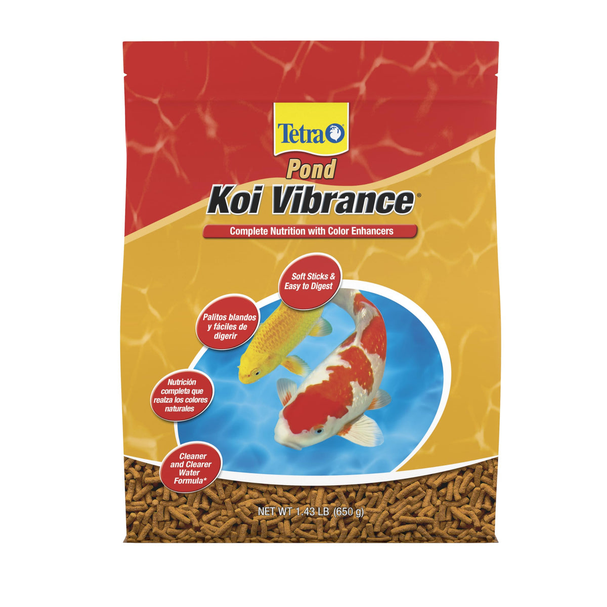 TetraPond Koi Vibrance soft sticks float for easy digestion and color boost.