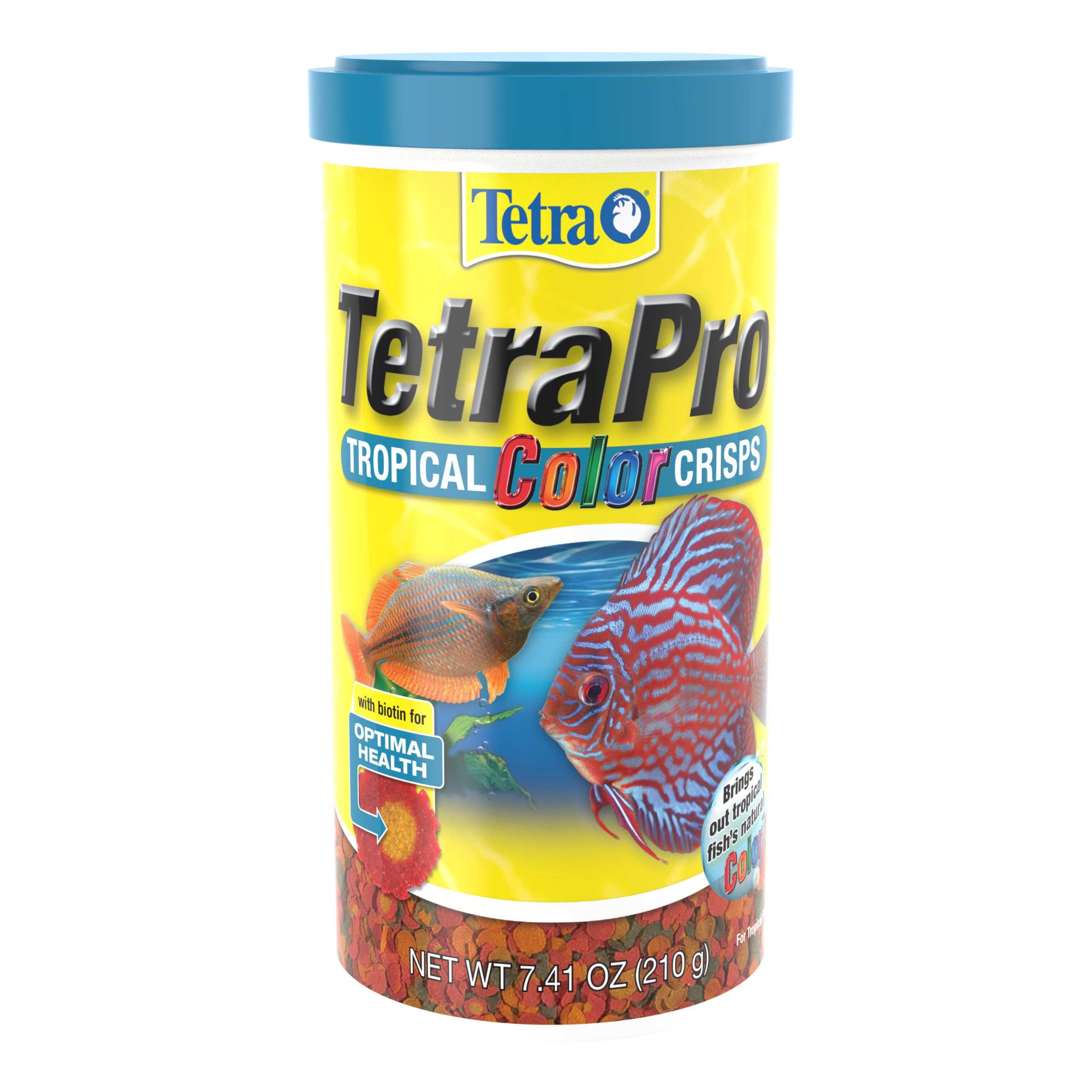 TetraPro Tropical Color Crisps packaging highlights natural color enhancers for vibrant tropical fish.